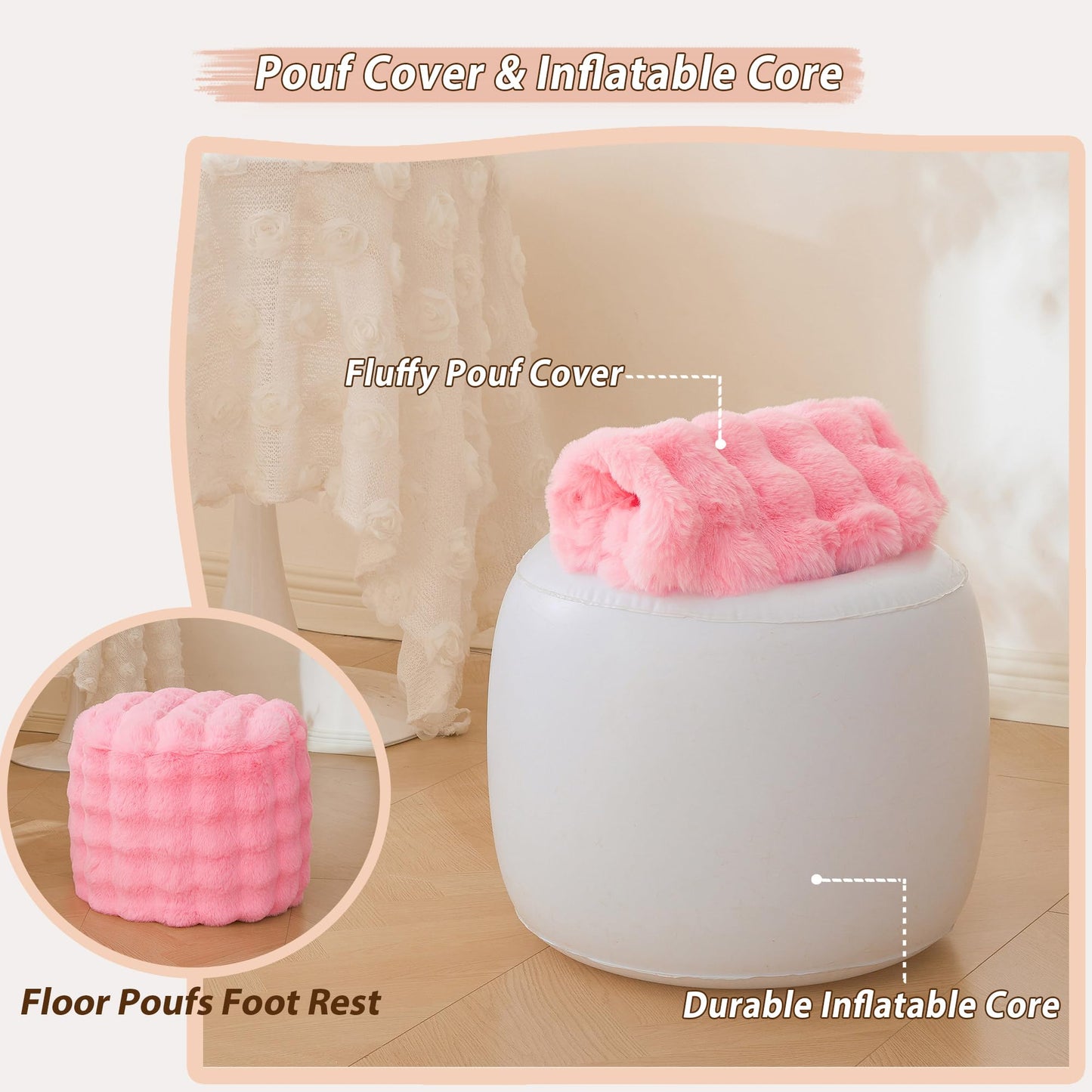 LIFEREVO Faux Rabbit Fur Round Inflatable Pouf Ottoman, 20" X 16" Plush Fuzzy Waffle Bubble Floor Poufs Foot Rest for Living Room Bedroom, Furry Pouf Chair Foot Stool Home Decor, Anti-Slip, Pink