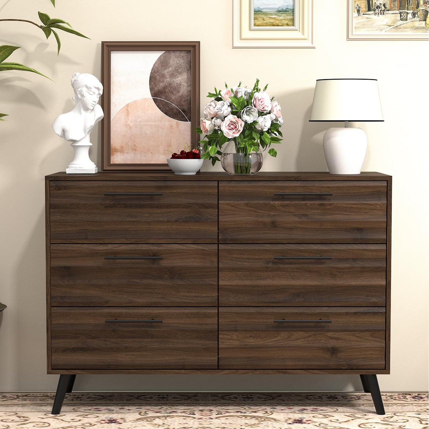 RQZ 6 Drawers Dresser for Bedroom, Walnut Chest of Drawers with Large Storage Capacity, Wooden Storage Dresser Organizer for Bedroom Nursery Living Room Hallway Closet (6-Drawer)