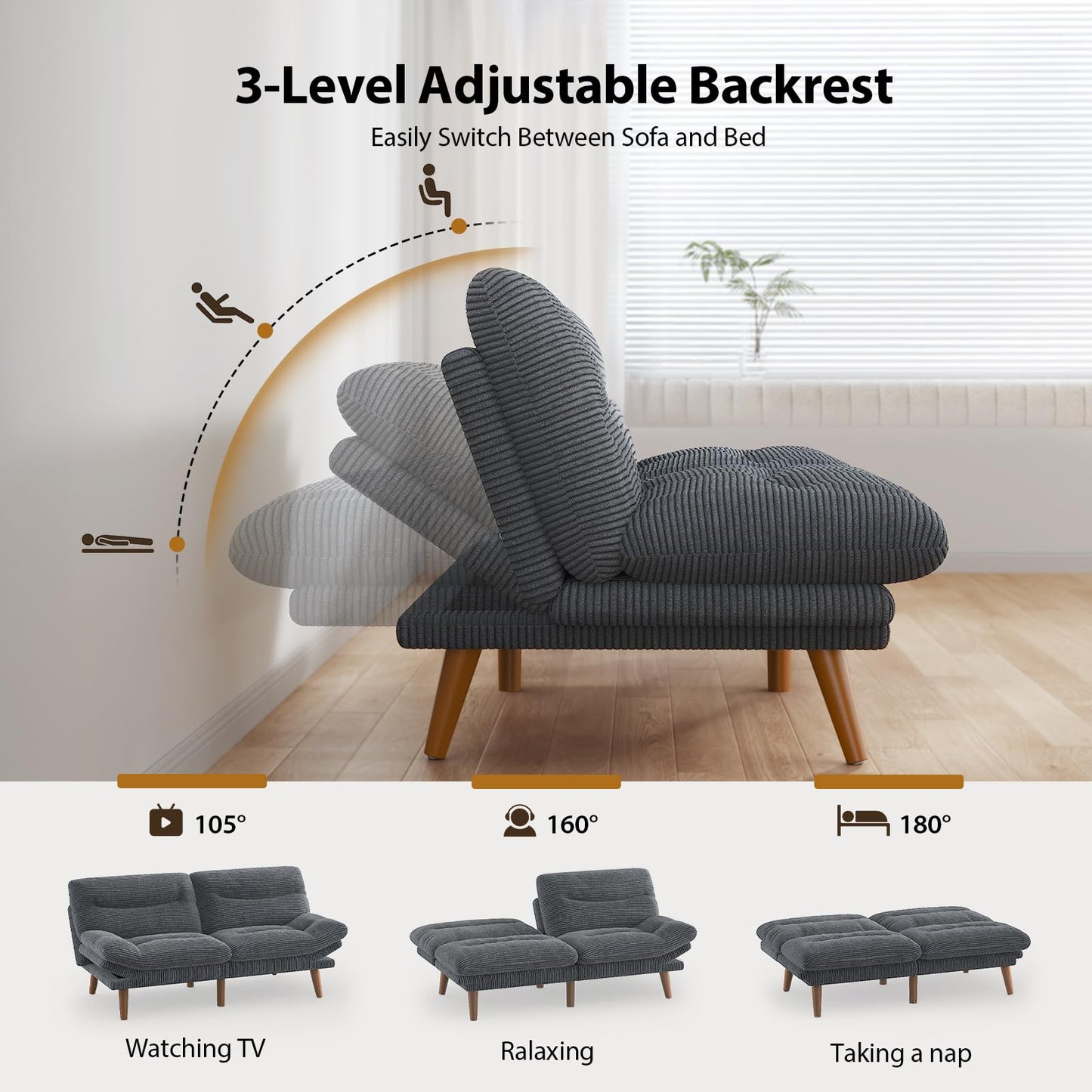 Pipishell Convertible Futon Sofa Bed,66" Corduroy Futon Couch with Adjustable Backrest and Armrests, Recliner Sleeper Sofa for Small Spaces, Play Room or Office, Grey