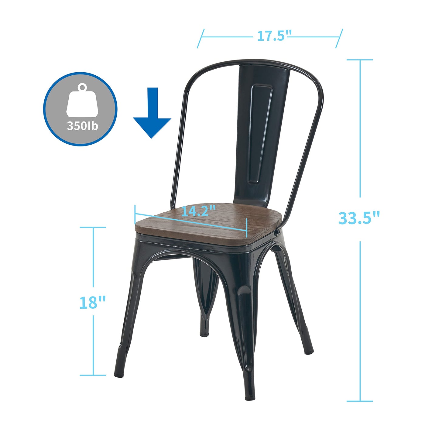 Nazhura Metal Dining Chair Farmhouse Tolix Style for Kitchen Dining Room Café Restaurant Bistro Patio, 18 Inch, Stackable, Waterproof Indoor/Outdoor (Sets of 4) (Black with Wood Padding)