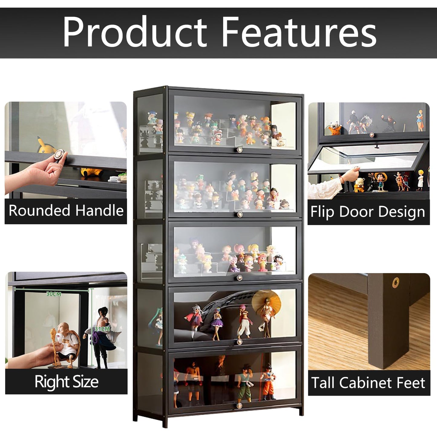 QOEUDD Curio Display Cabinet with Acrylic Glass Door, 5-Tier Display Case, Curio Cabinet & Bookcase for Collectibles, Display Shelf for Home, Reading Nook, Playroom, Living Room