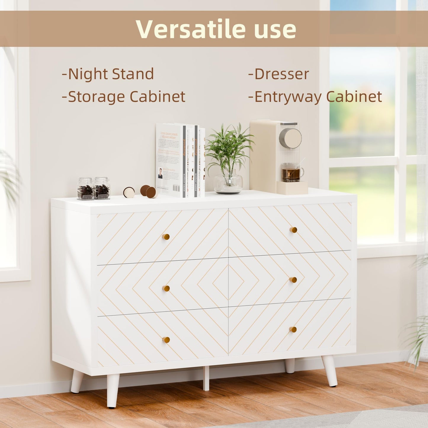 FNCK White Dresser for Bedroom, 6 Drawer Dresser with Wide Drawer, Wood Dressers & Chests, TV Stand for 50" TV, Modern Storage Cabinet for Dorm, Hallway, Dressers and Nightstand Sets