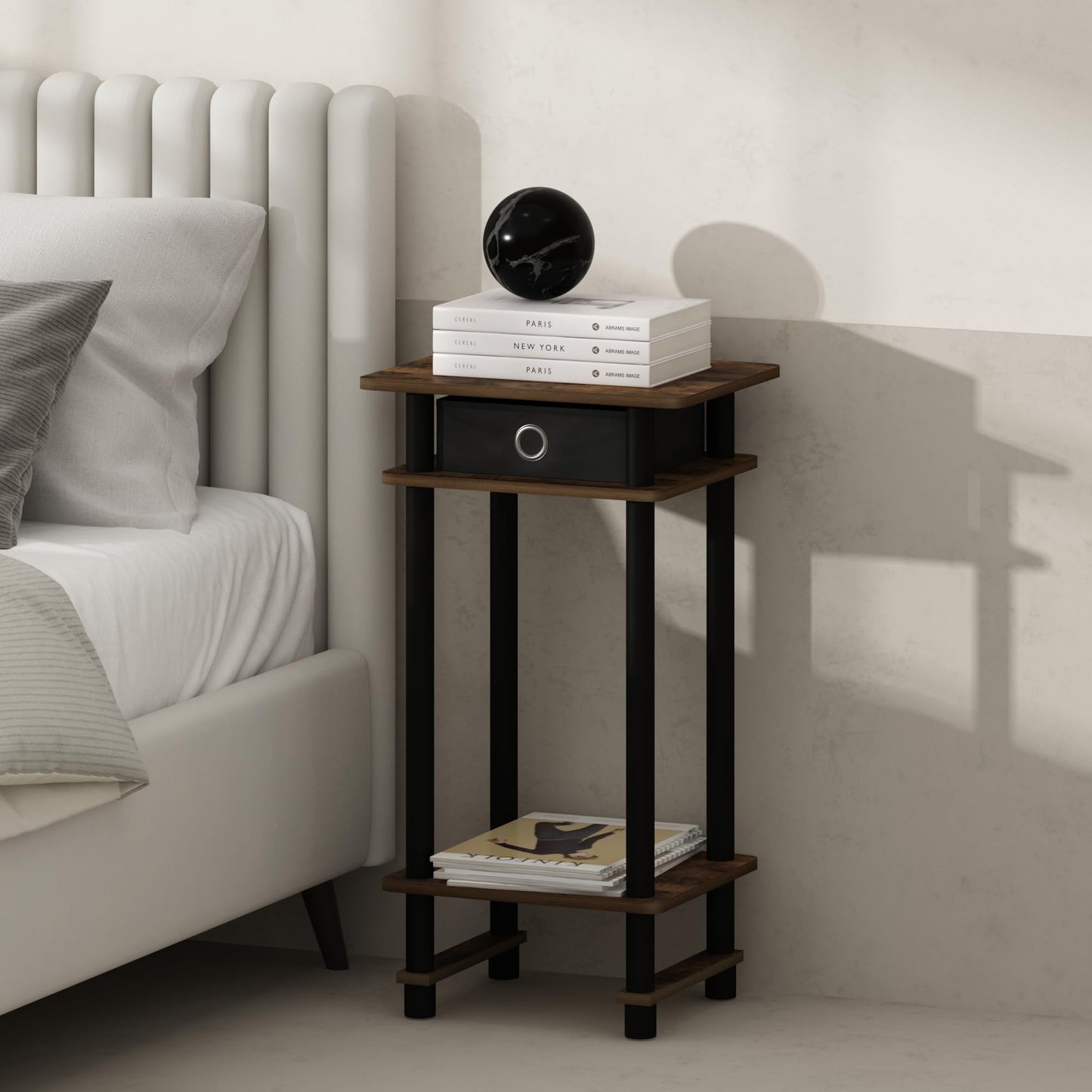 Furinno Turn-N-Tube Tall Nightstand with Bin, 1-Pack, Plastic Poles, Amber Pine/Black