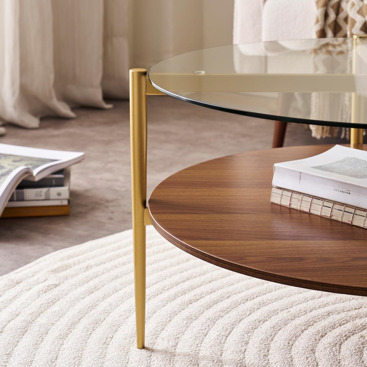 LumFurn Round Coffee Table, Mid-Century Modern Design, D30“ x H17”, for Living Room, 2-Tier Structure, Clear Glass Top and Walnut MDF Shelf, Sleek Conical Metal Legs with Gold Finish