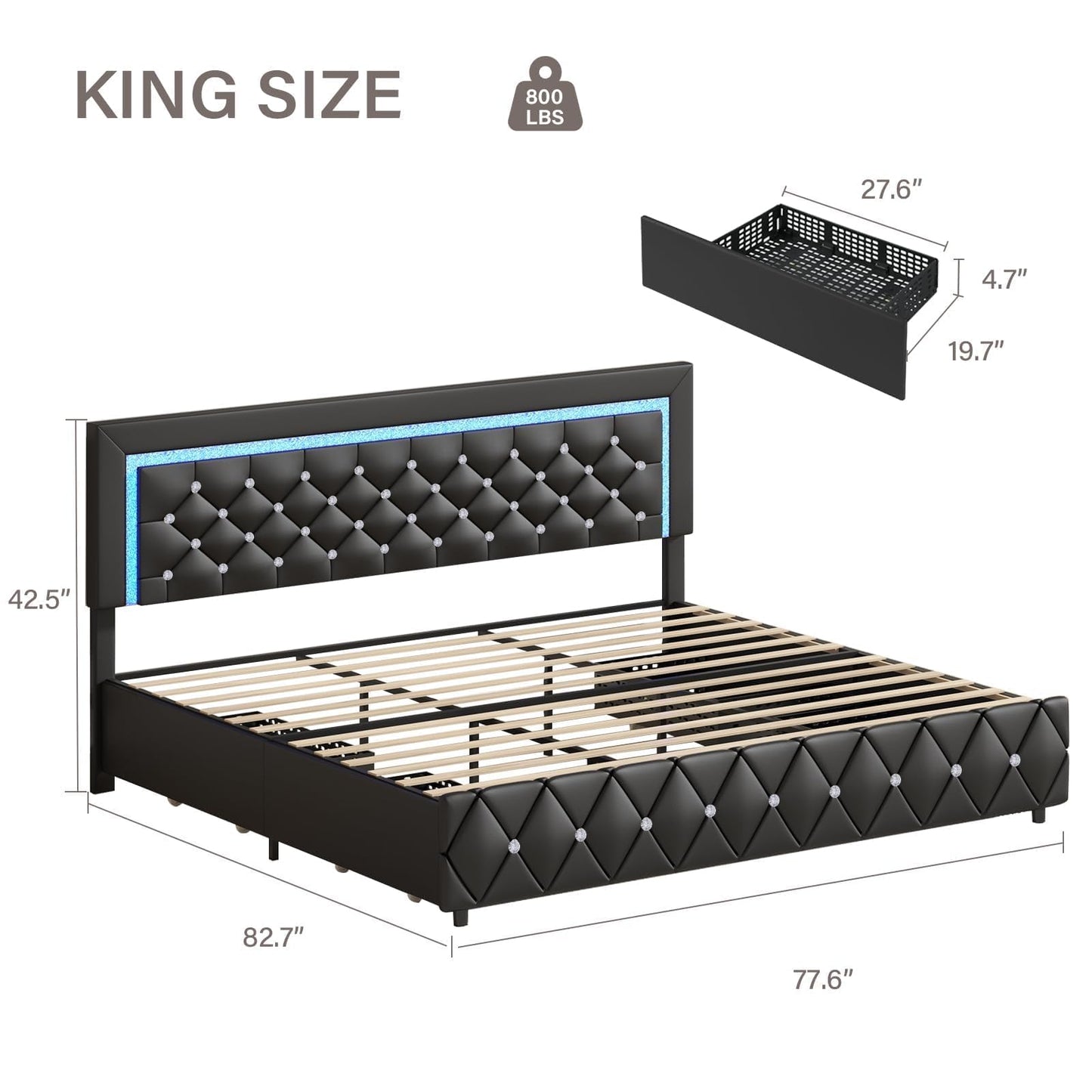 King Size Bed Frame with LED Lights and Storage Drawers, Upholstered Platform Bed with Crystal Tufted Headboard, Wooden Slats Support, No Box Spring Needed, Easy Assembly, Black
