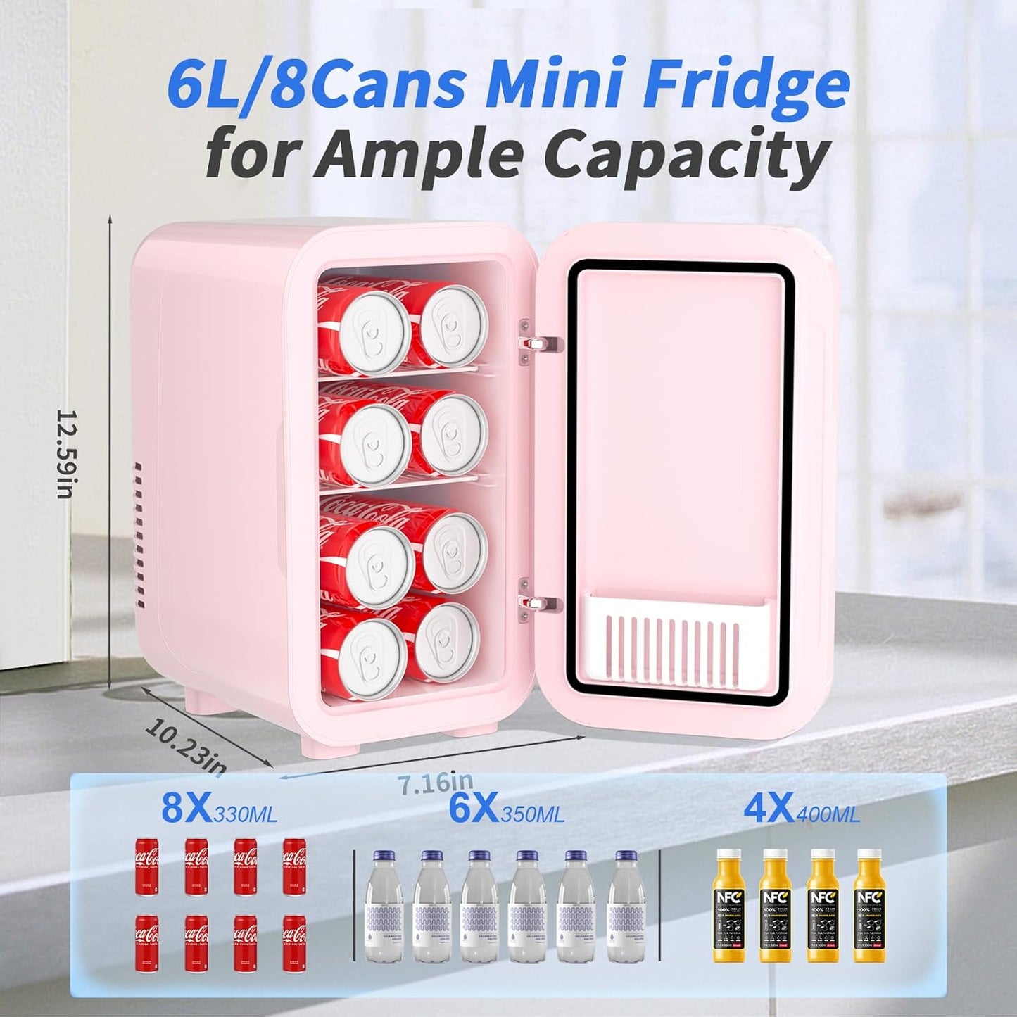 YASHE Mini Fridge, 6 Liter/8 Can 110V AC/DC Portable Thermoelectric Cooler Refrigerators for Bedroom, Skincare, Beverage, Office, Dorm Room and Car, Pink