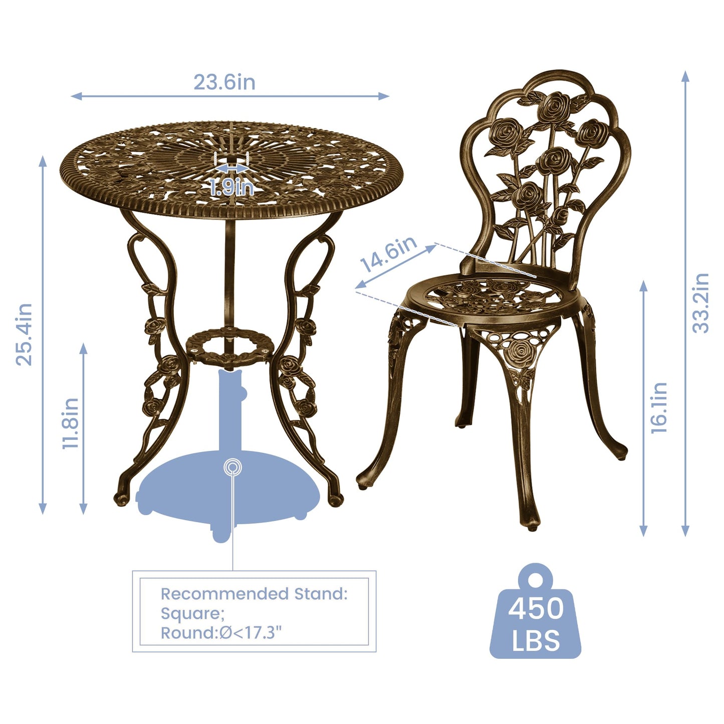 Aura Outdoor 3 Piece Patio Bistro Table Set, Outdoor Stylish Rose Flower Bistro Set with Umbrella Hole, Small Cast Aluminum Table and Chairs Set for Balcony Furniture, Dark Bronze