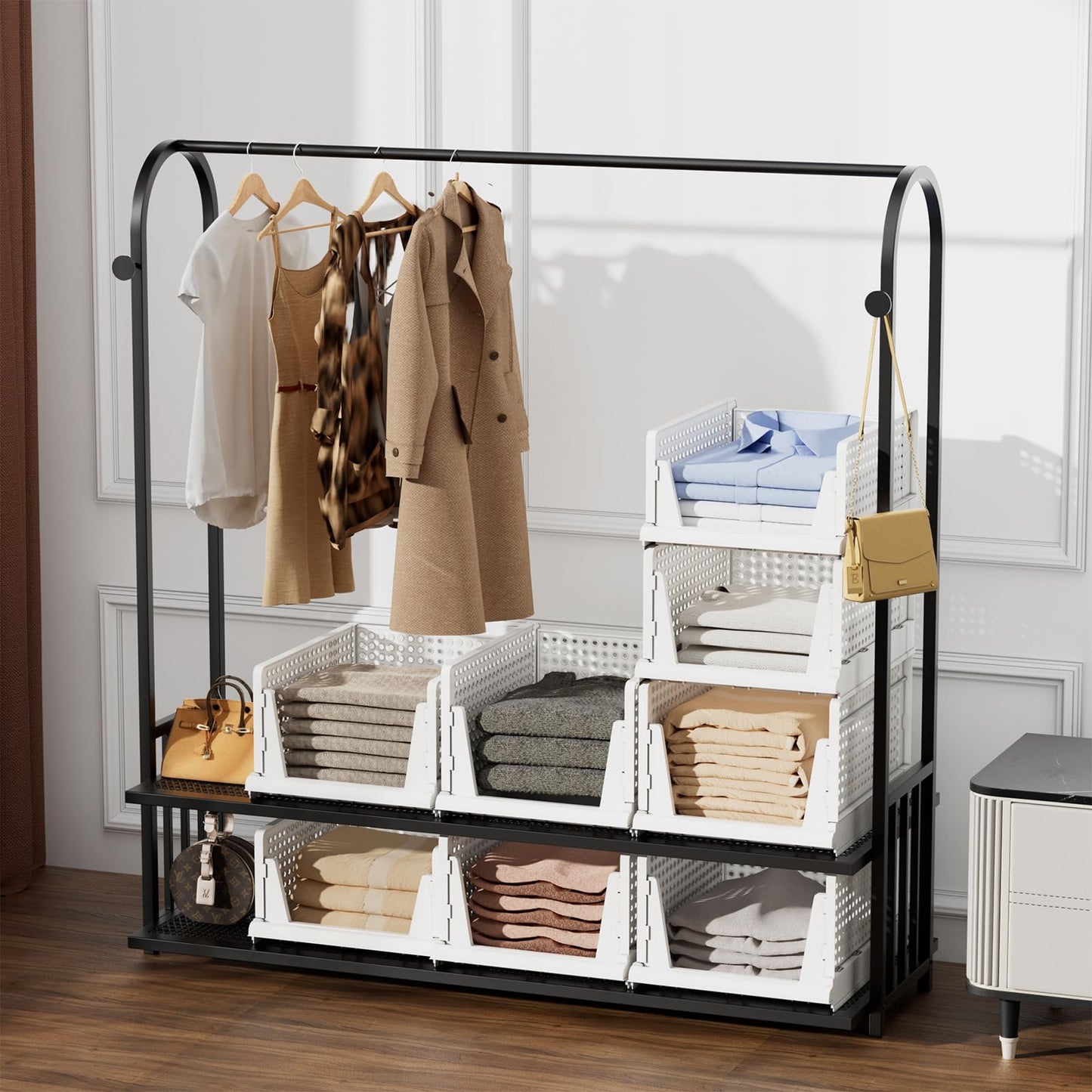 MSHOMELY 5 Packs Stackable Plastic Storage Basket for Closet Foldable Closet Organizers and Storage Bins for Shelves Storage Drawer Container for Clothes, Wardrobe, Pantry, 5L