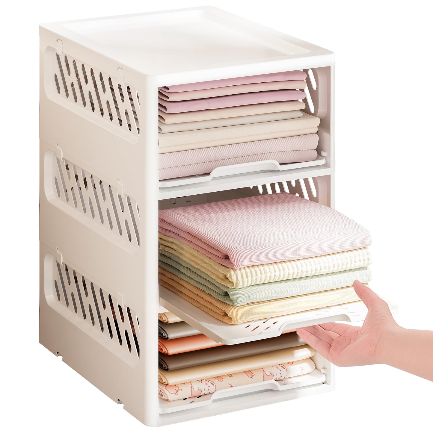 HYBRIDEAS Stackable Closet Organizer Box with lid Plastic Drawer Storage for Armoire and Wardrobe, Foldable Clothes and Towel Storage Basket Bins for Kitchen, Bedroom, Bathroom, Laundry Room, Clothing