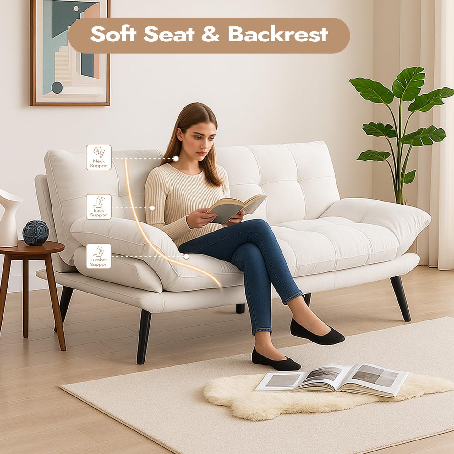 Comfortable Futon Sofa Bed, Memory Foam Loveseat, Convertible Adjustable Sofa Bed CouchSuitable for Office, Home, and Bedroom (White)