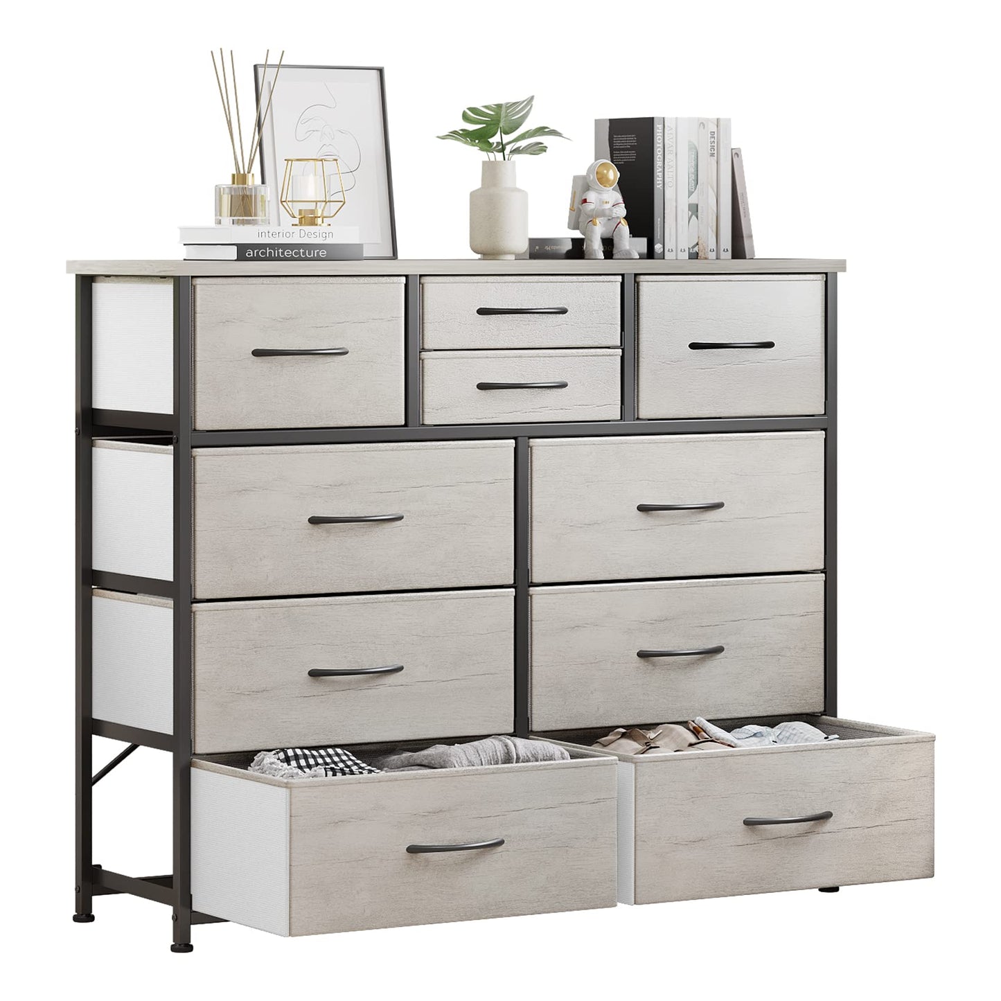 LUMTOK 10-Drawer Dresser, Fabric Storage Dresser Drawers for Bedroom, Hallway, Nursery, Closets, Steel Frame, Wood Top, Easy Pull Handle (Greige)