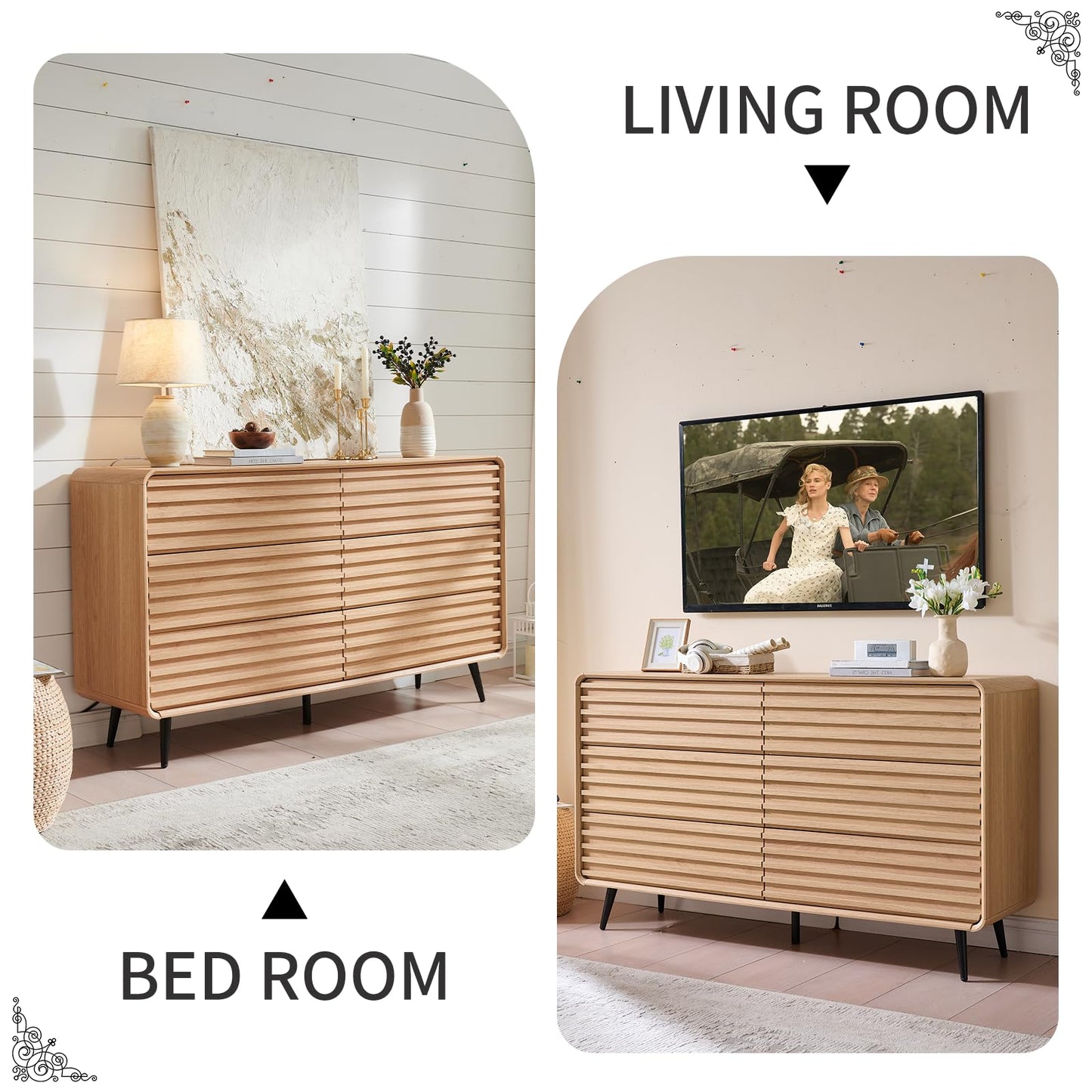 systemktesm Fluted 6 Drawers Dresser for Bedroom, 54" Wide Modern Chest of Drawers with Metal Handle, Farmhouse Dresser TV Stand, Wood Drawer Organizer for Bedroom, Living Room, Hallway (Natural Oak)