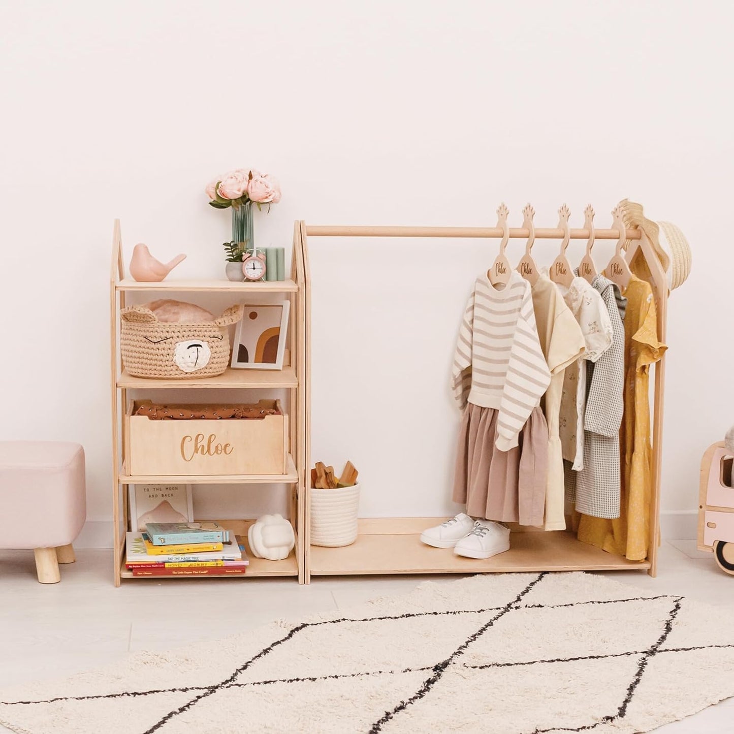 Personalized Small Clothes Rack for Hanging Clothes - Kids Dresser Dress Up Rack For Little Girls Clothing Rack for Kids Boys Toddler - Montessori Shelf Wardrobe Closet For Baby Clothes Kids Furniture