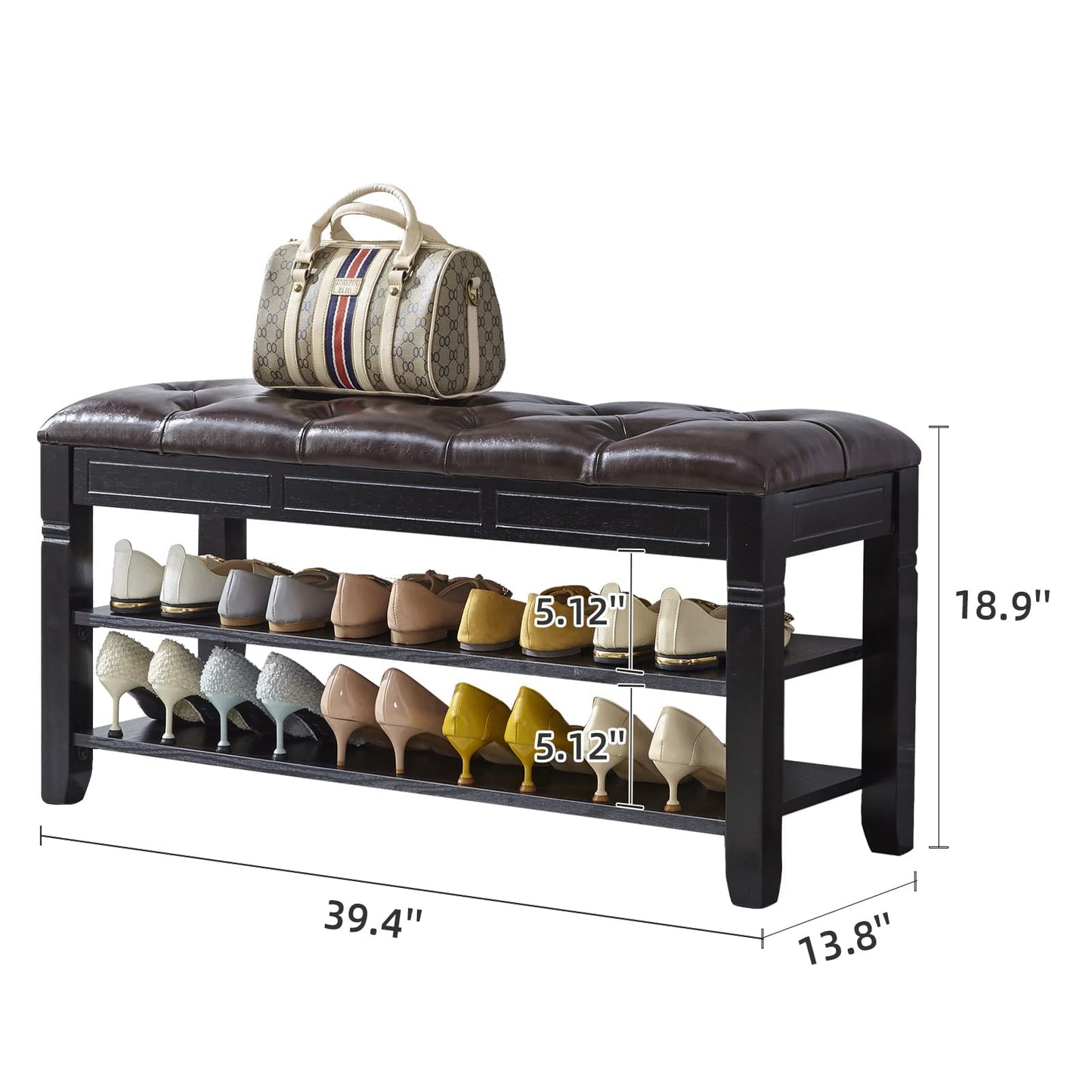 LEILISI Shoe Bench, Storage Rack Organizer with Cushion 2 Tier Lift Top Shoe Rack for Entryway Living Room Bedroom Hallway Wooden Furniture (Black, 39.4'')