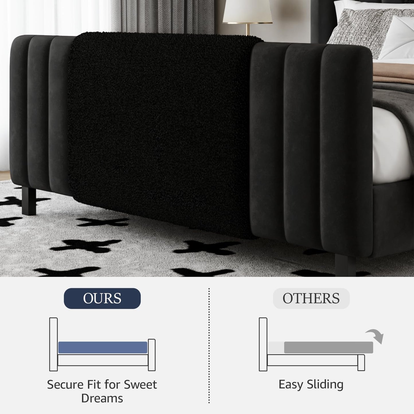Lihimte Queen Size Bed Frame with Tall Headboard and Footboard, Boucle and Velvet Upholstered Bed Frame Queen with LED Lights, Modern Platform Bed Frames, Noiseless, Easy Assembly, Black