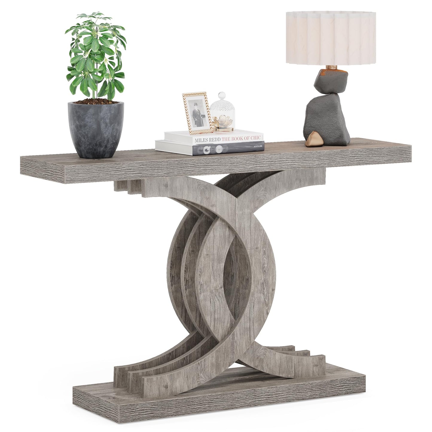 Console Tables Modern Farmhouse 39-inch Entryway Table with Geometric Base, Wooden & Metal Hallway Table for Entrance, Living Room (Grey)