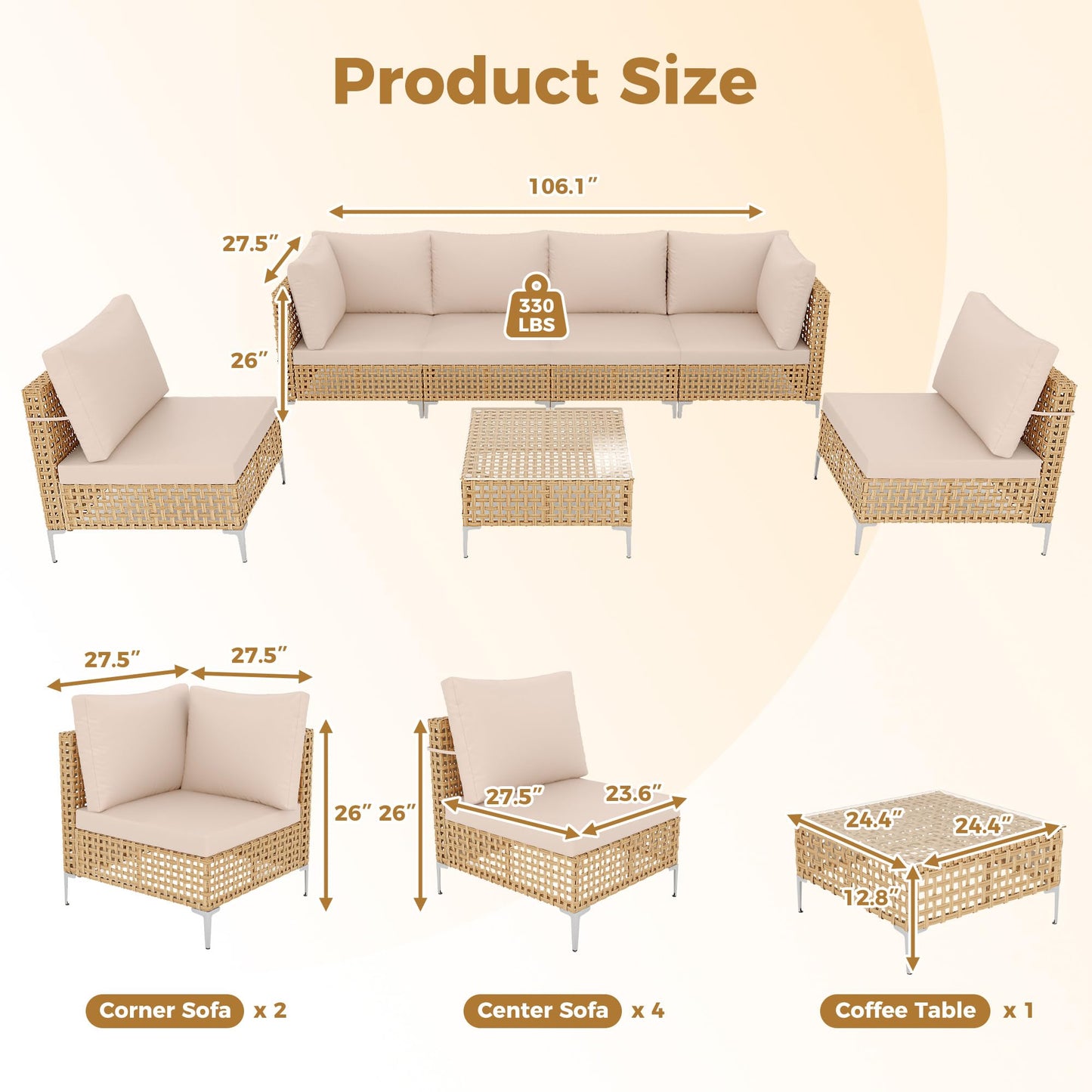 JHSDFOUIH 7-Piece Patio Furniture Set, Outdoor Sectional Sofa with Coffee Table & Thick Cushions, All-Weather PE Wicker Conversation Set for Garden, Deck, Backyard, Beige