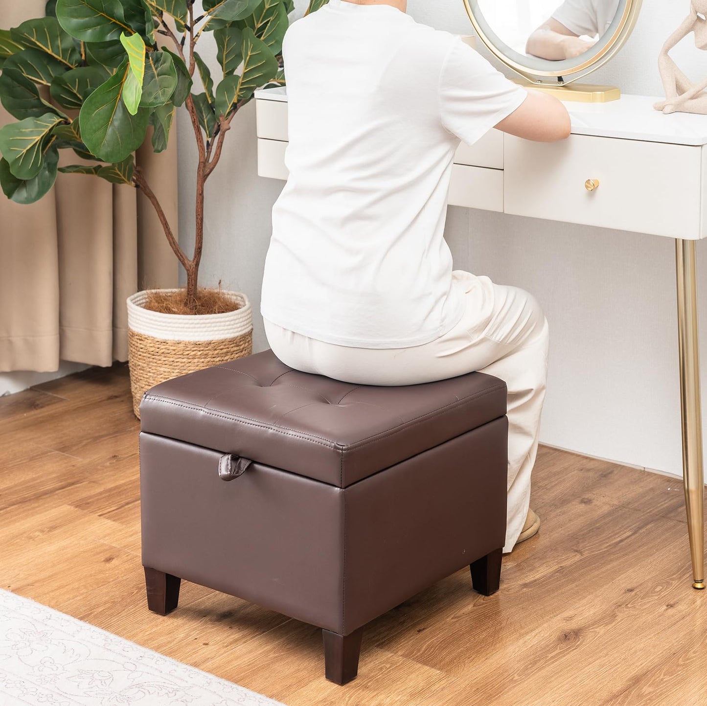 Asense 17 Inch Square Storage Ottoman,Small Foot Rest Stool for Couch, Faux Leather Upholstered Footstool Cube for Entryway Bedroom Living Room,Brown