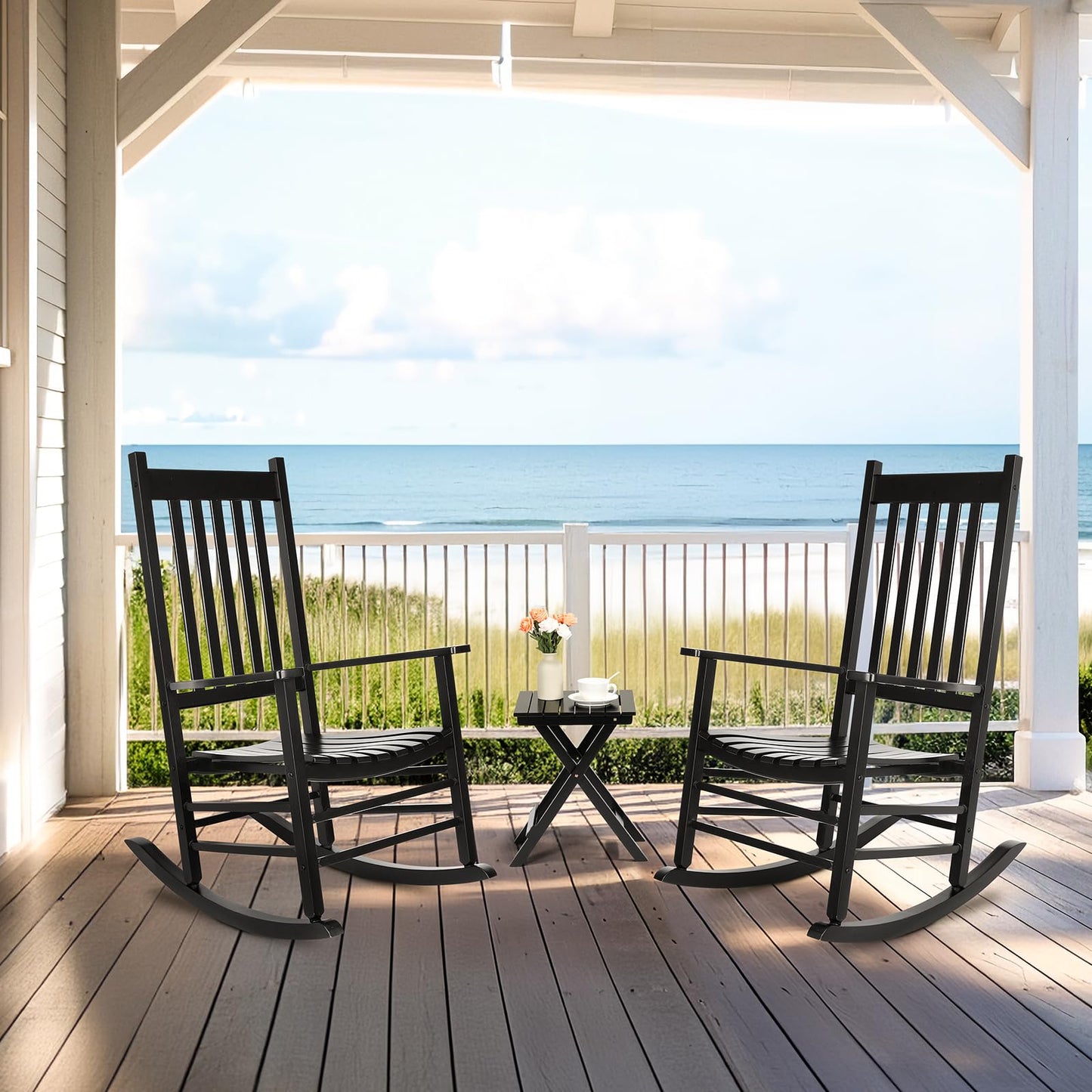 MAMIZO Outdoor Rocking Chair Set 3-Piece, Rocking Chair Patio Set of 2 with Side Table, with High Back,Indoors or Outdoor Wooden Rocker, Easy to Assemble for Porch, Patio, Garden,Lawn, Balcony