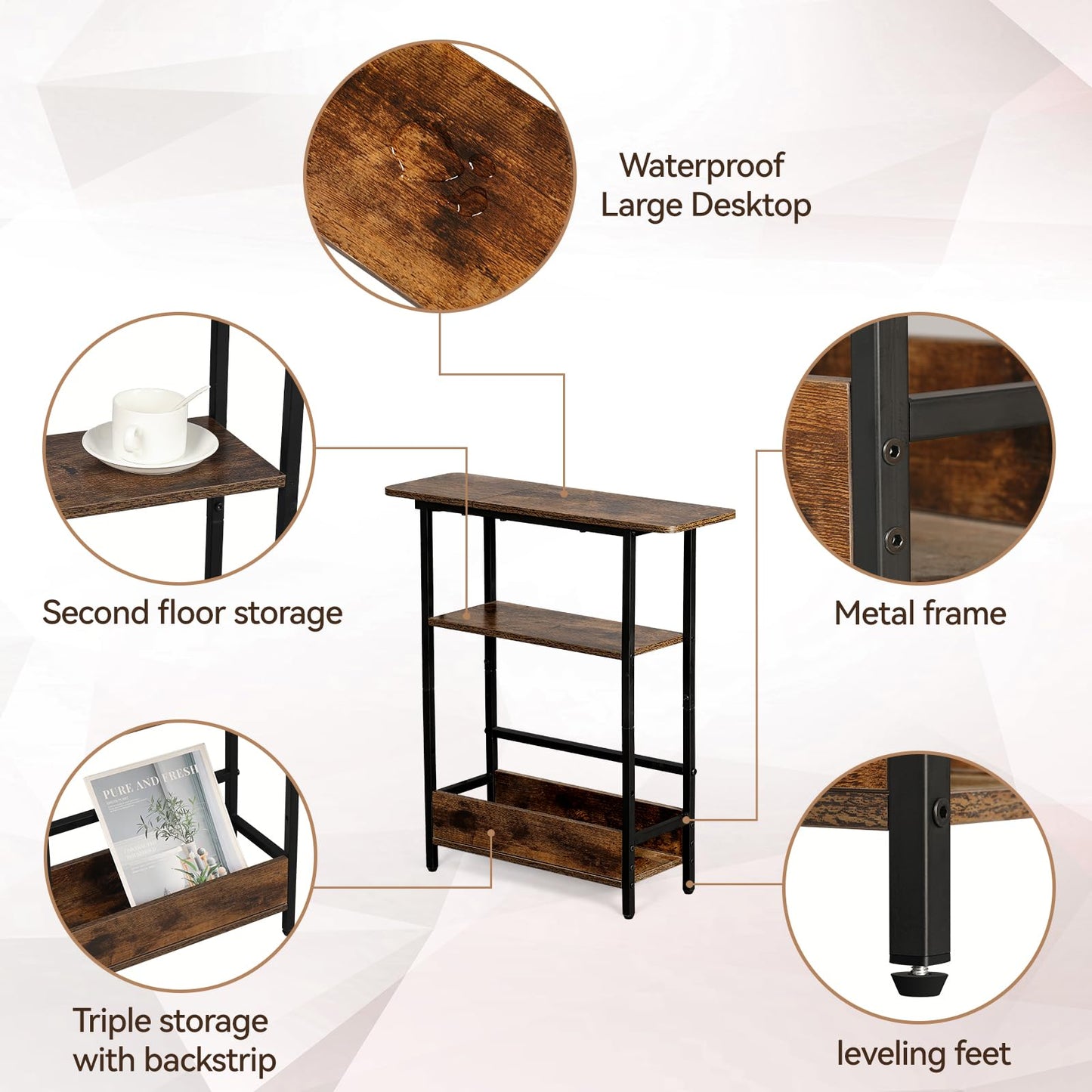 Narrow Side Table for Small Spaces, 3-Tier Small End Table with Storage Shelf and Magazine Holder, Slim and Skinny Nightstand for Bedroom, Living Room Sofa Table for Space Saving, Brown