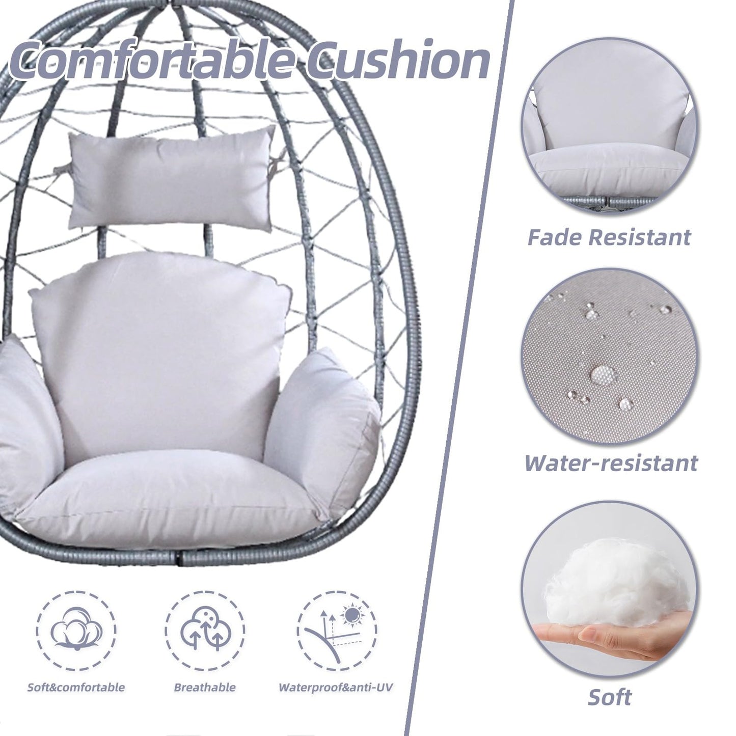 Egg Chair with Stand, Patio Wicker Hanging Swing Egg Chair Thickened, Galvanized Pipe Steel Frame and UV Resistant Cushion for Bedroom Garden Indoor Outdoor, 350LBS Capacity (Silver Gray)