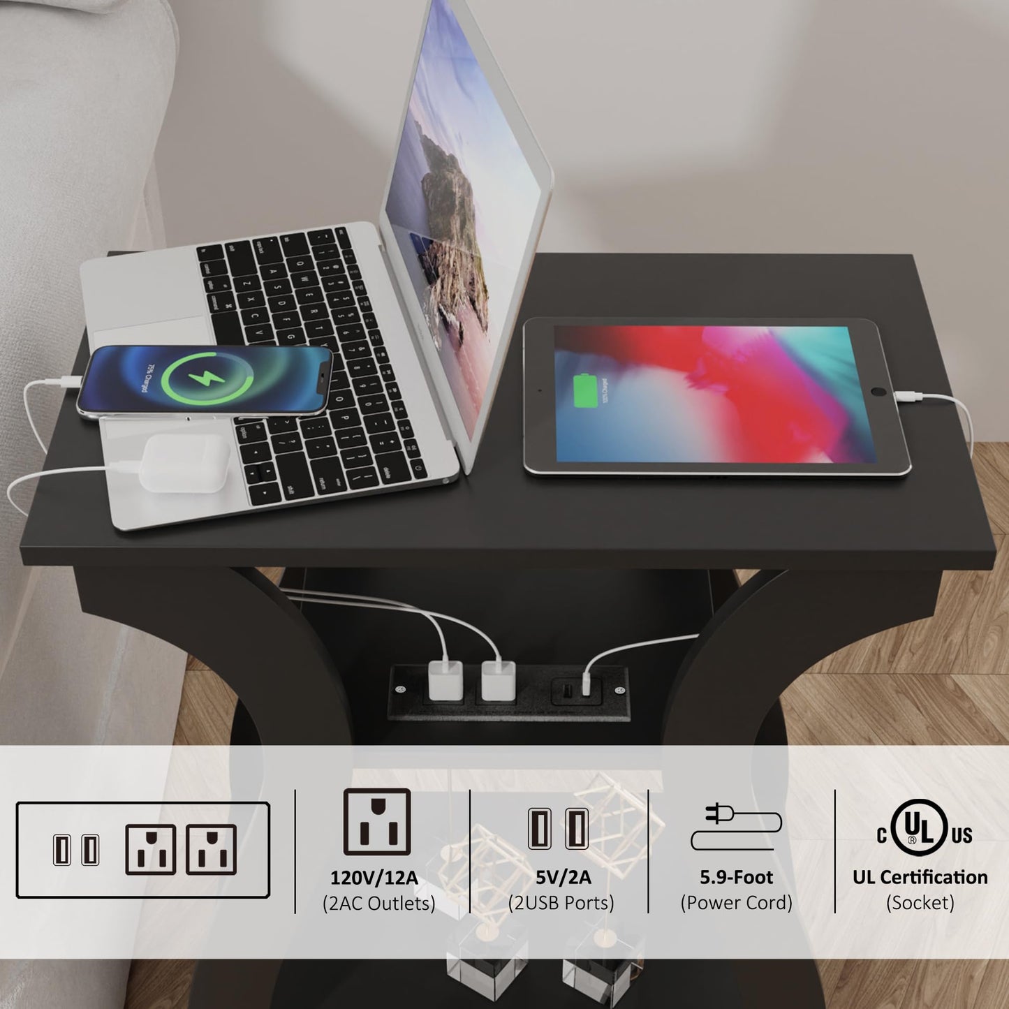 FROMJBEST Black End Table Set of 2 with Charging Station, Side Table with USB Ports and Outlets, Black Nightstand, 3 Tier End Table with Storage Shelf for Living Room, Bedroom