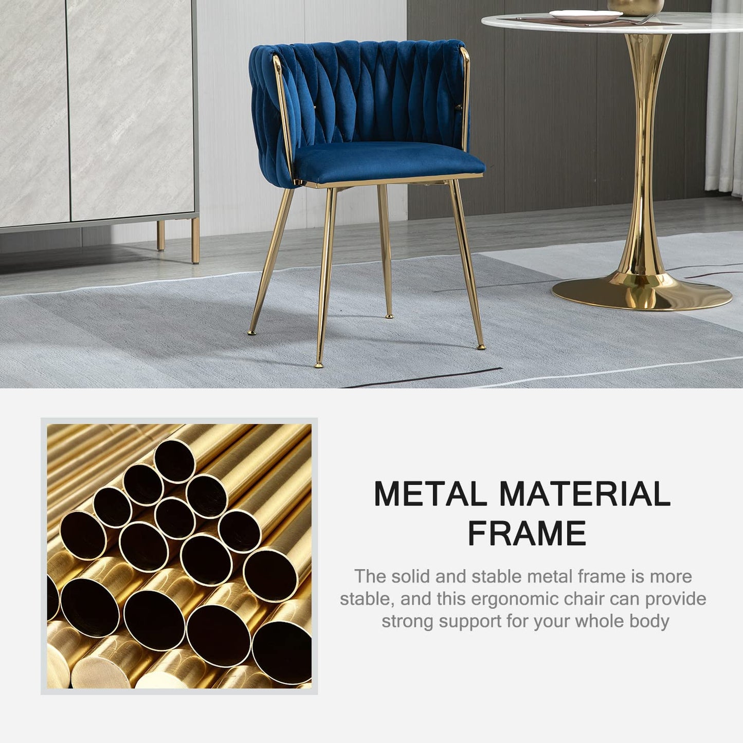 Nrizc Woven Dining Chairs Set of 4, Velvet Upholstered Dining Chairs with Gold Metal Legs, Modern Accent Chairs for Living Room, Dining Room, Kitchen (Blue)