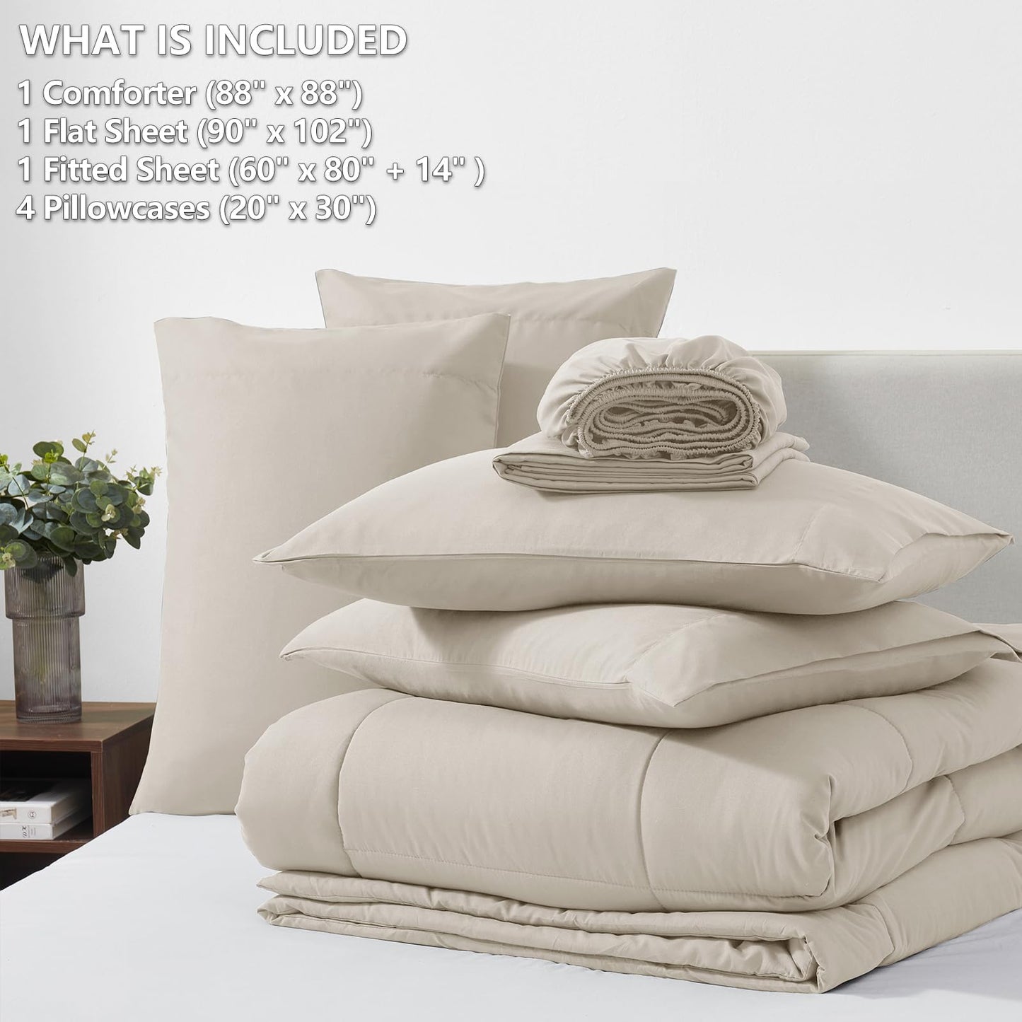 CozyLux Queen Comforter Set Beige, 7 Pieces Bed in a Bag, Beige Comforter Queen Size, All Season Bedding Sets with Stitch Quilted Comforter, Flat Sheet, Fitted Sheet, Pillowcases
