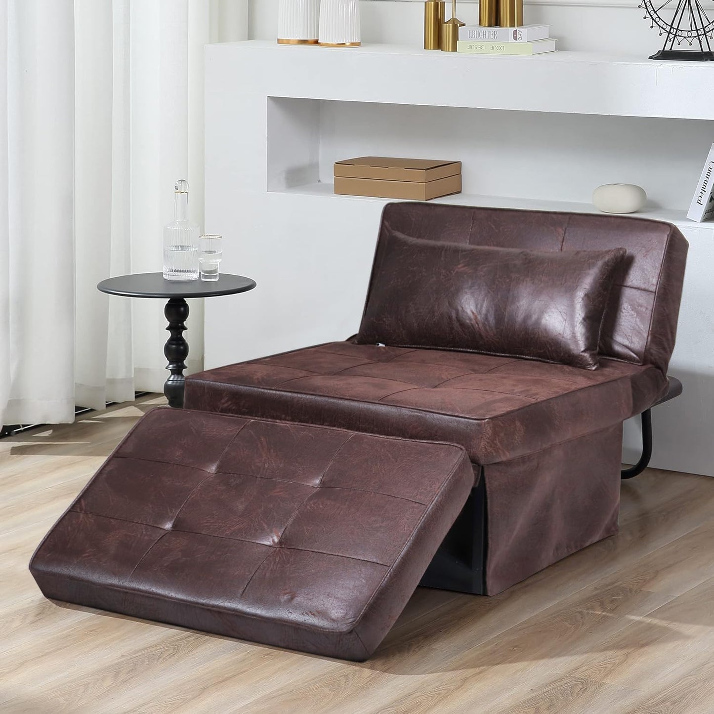 BIGSYY Sofa Bed, 4 in 1 Multi-Function Folding Ottoman Breathable Linen Couch Bed with Adjustable Backrest Modern Convertible Chair for Living Room Apartment Office, PU Imitation, Brown