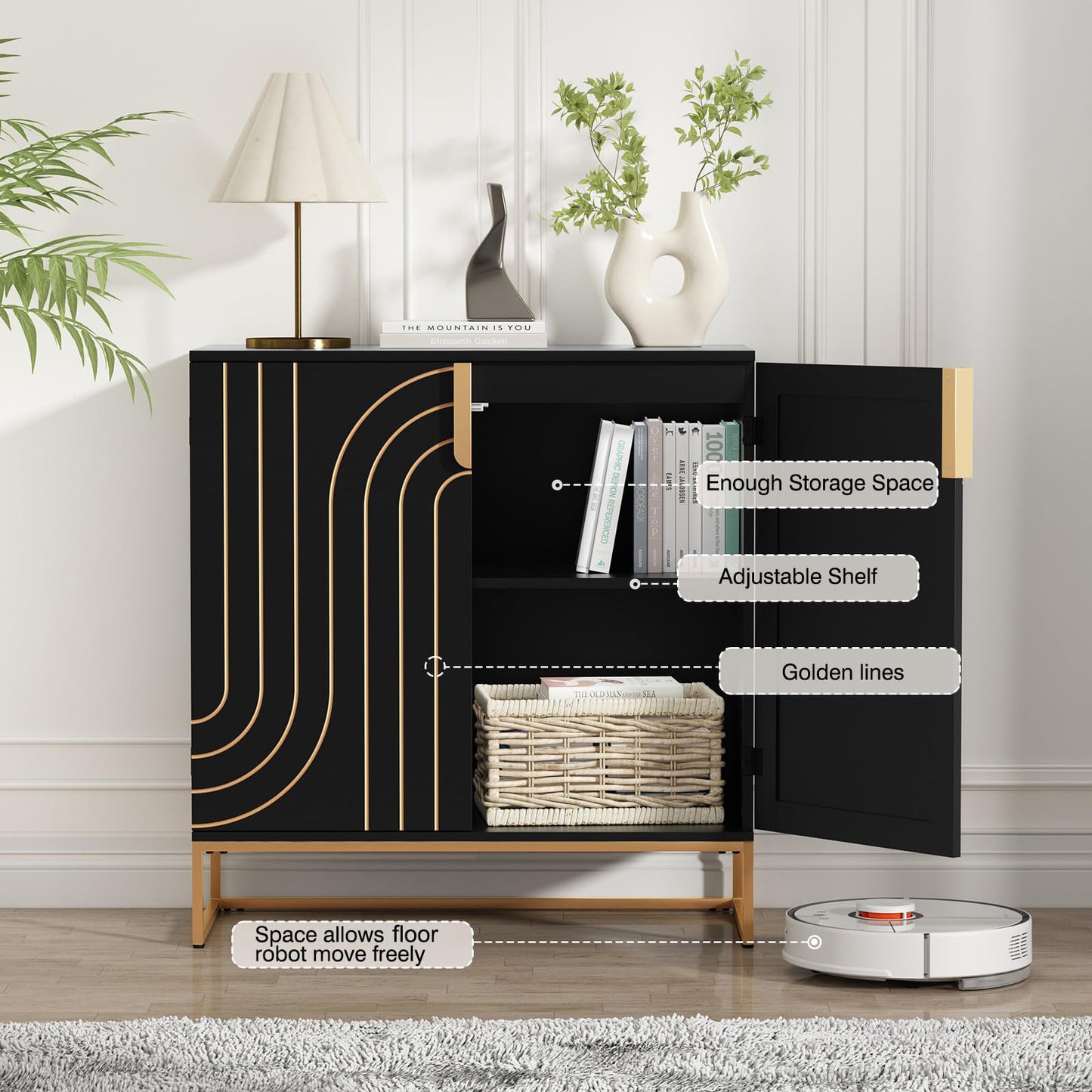 HLR Accent Wood Grain Cabinet with 2 Doors, Storage Cabinet Sideboard with Gold Metal Legs for Living Room,Entryway and Kitchen Dining Room,Black