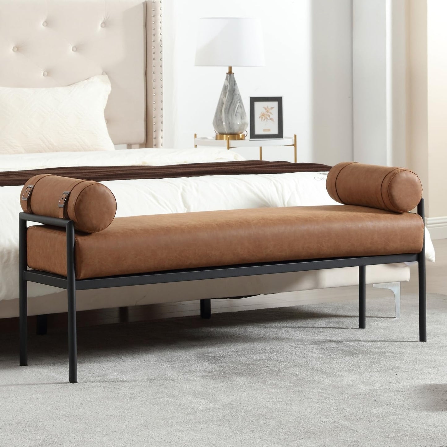 ROCITY Leather Bed Bench 55 Inch Long Bedroom Bench Padded Upholstered Ottoman Bench with Removable Pillows Modern Rectangle Entryway Bench Seat for Living Room/Foyer, Brown