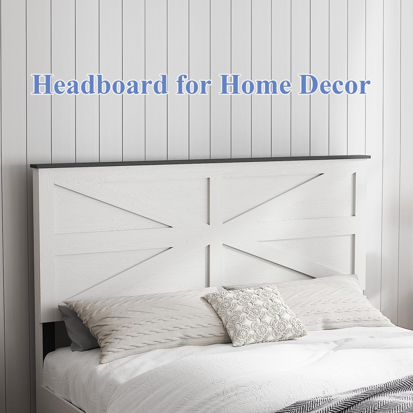SAMTRA Wooden Bed Frame Queen Size with Headboard, Farmhouse Platform Bedframe with Wood Slat Support, Sturdy Framework Bed Frame, Easy Assembly (Rustic White)