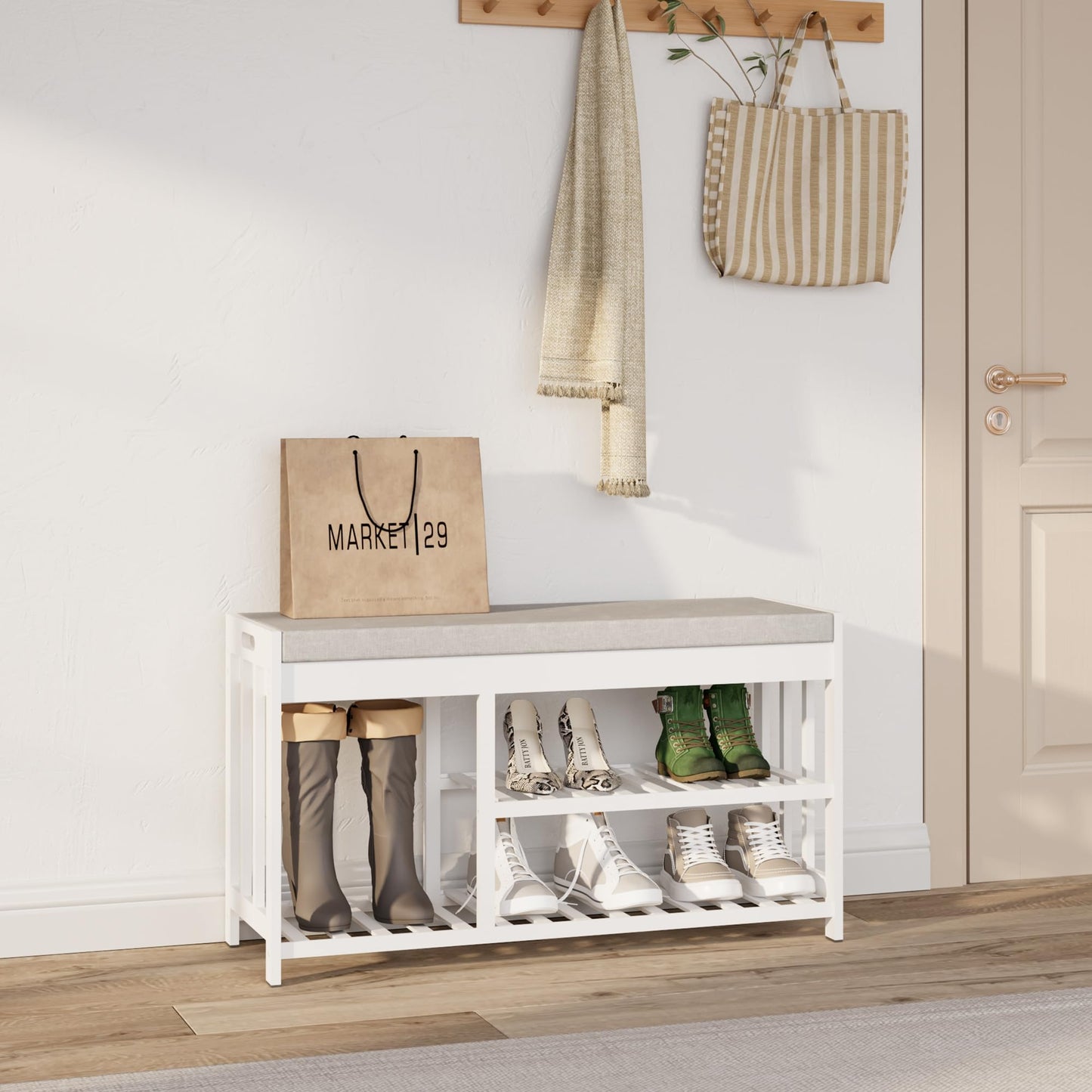 APRTAT 3-Tier Bamboo Shoe Rack Bench, Shoe Storage Organizer Bench, Entryway Benchs, Shoes Rack for Front Door Entrance, Entryway Bathroom Bedroom