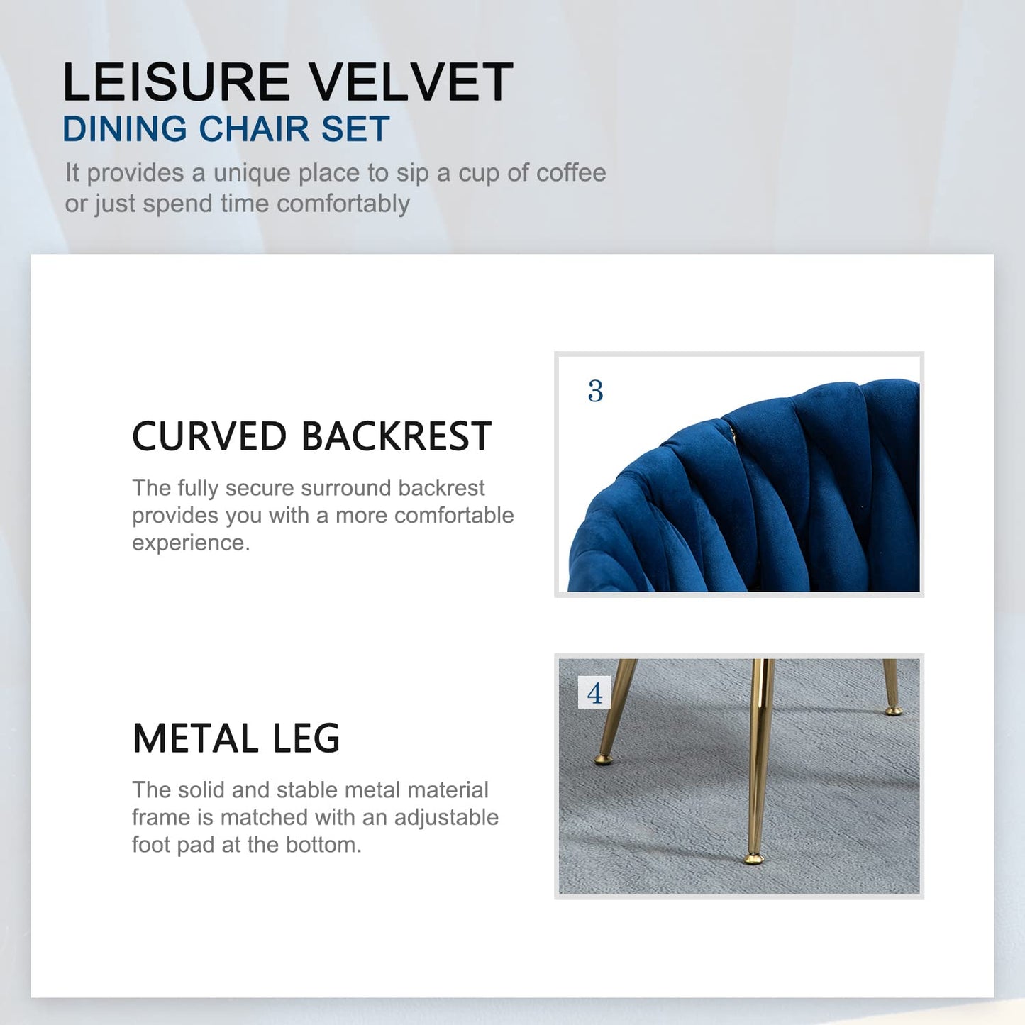 Nrizc Woven Dining Chairs Set of 4, Velvet Upholstered Dining Chairs with Gold Metal Legs, Modern Accent Chairs for Living Room, Dining Room, Kitchen (Blue)