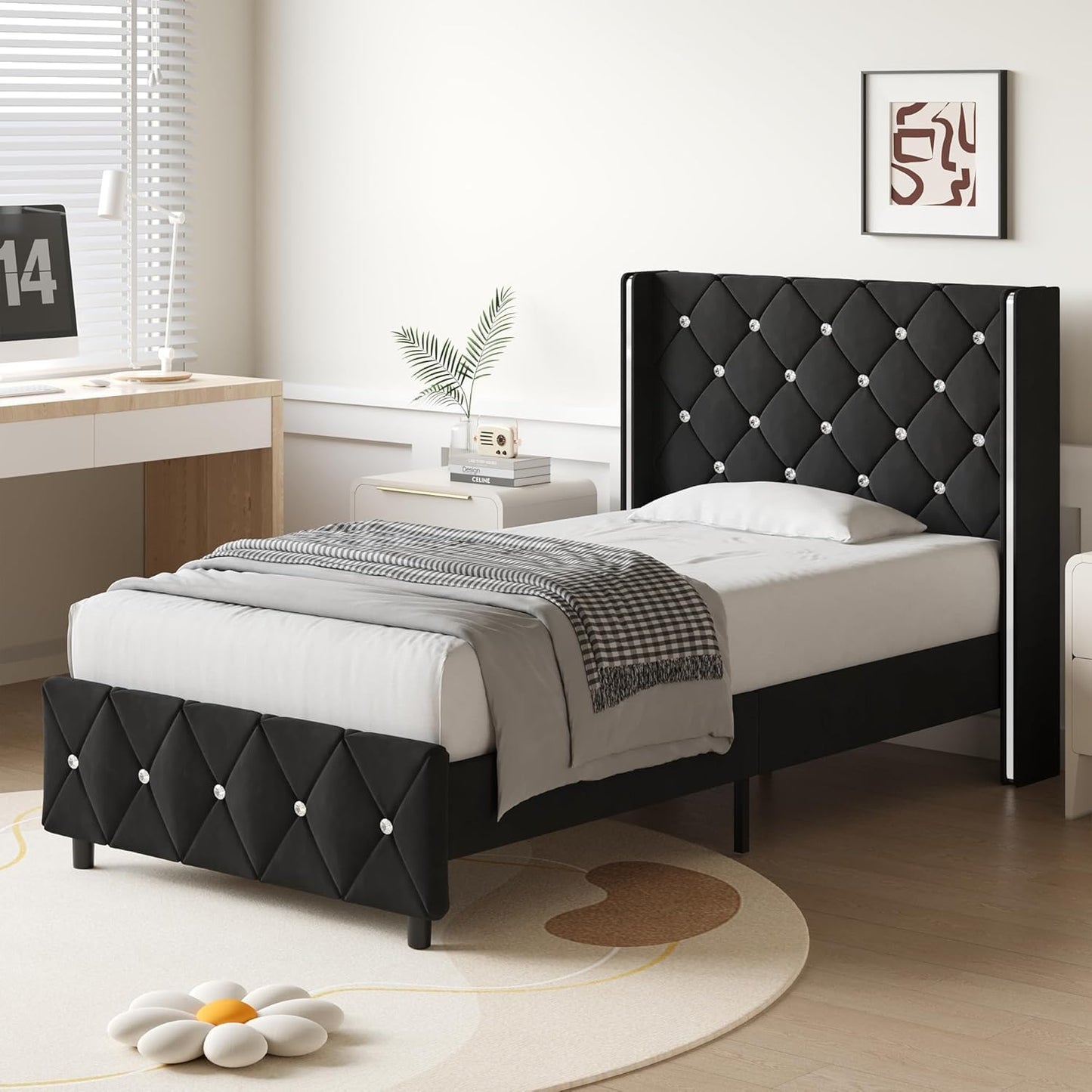 Twin Bed Frames, Upholstered Platform Bed Twin Size with Diamond Tufted Headboard, Modern Velvet Bed Frame with Wingback Design, No Box Spring Needed, Easy Assembly, Black