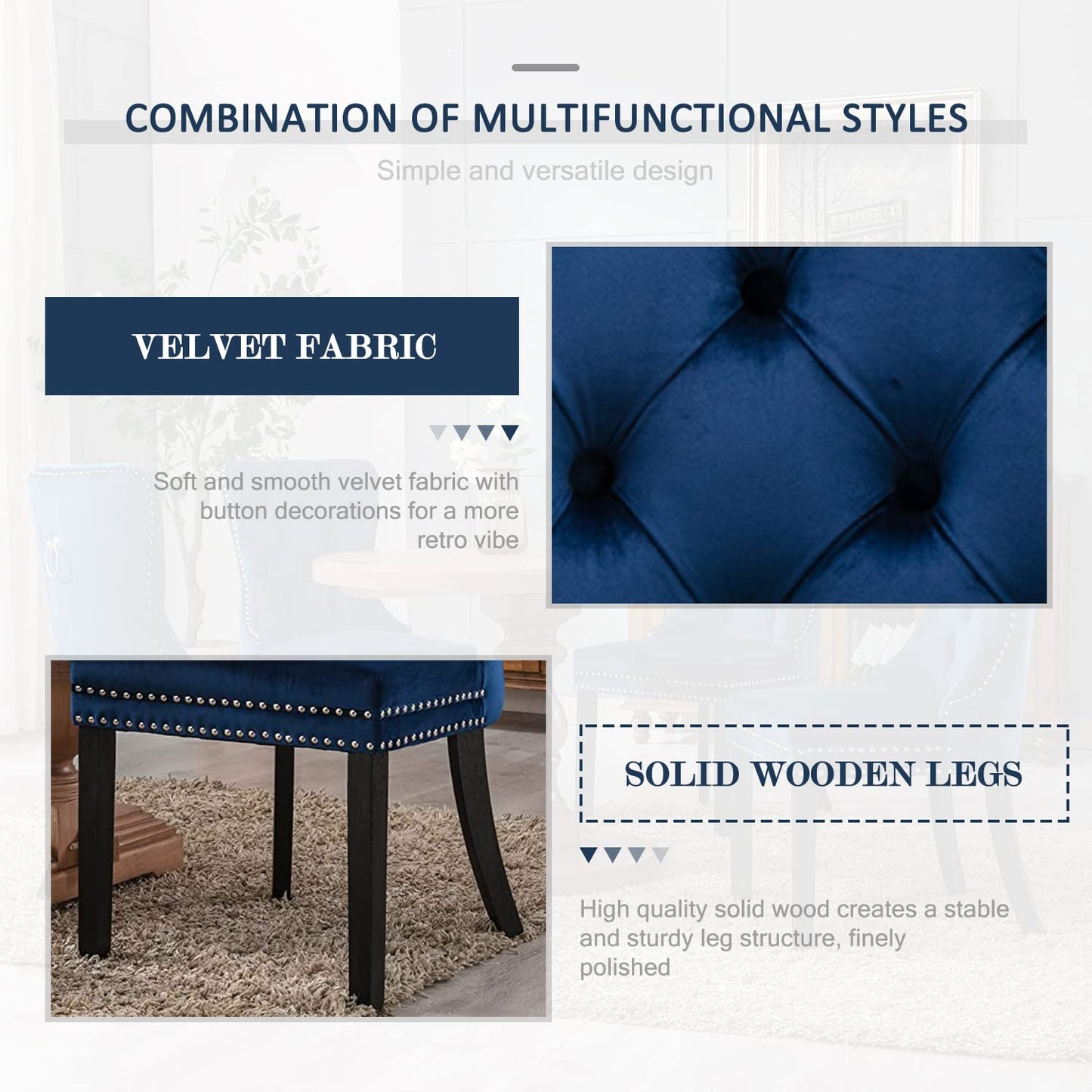Eifizek Velvet Dining Chairs Set of 6, Tufted Dining Room Chairs with Nailhead Ring Pull Trim, Upholstered Dining Chairs with Solid Wood Legs for Kitchen Dining Room, Sillas De Comedor (Blue)