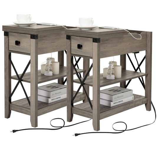 Awescuti Narrow End Table with Charging Station - Farmhouse Slim Side Table Set of 2, w/USB Ports Power Outlets, Nightstand w/Flip Top Storage Drawer, for Small Spaces Living Room Bedroom, Gray