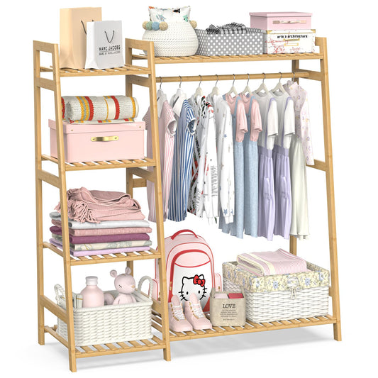 BAMBOOHOMIE Kids Clothing Rack with Shelves, Bamboo Clothes Garment Rack for Kids Child Baby, Kids Dress Up Storage Rack with Top Shelf, Toddlers Wardrobe Closet for Nursery (Medium Size)