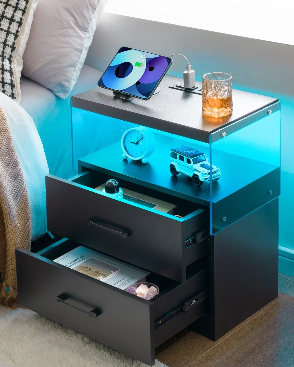 i-aplus Black Night Stand Set of 2,LED Nightstand with Charging Station,Bedside Table with 2 Drawers,Modern Bed Side Tables Bedroom