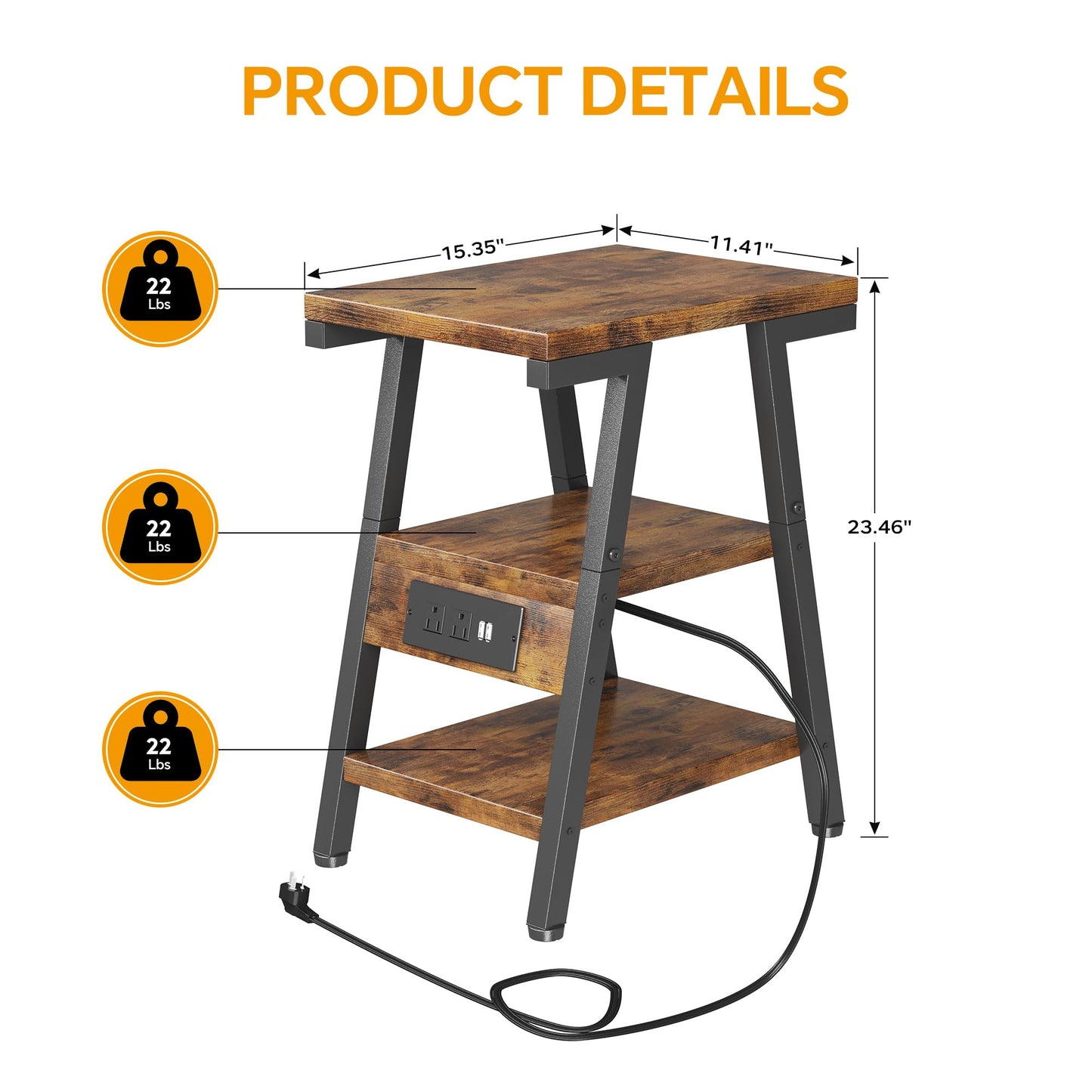 End Table with Charging Station, Small Side Tables with Lucky 7 Metal Shape, 3-Tier Nightstand with Outlets and USB Ports, Adjustable Leveling Feet, side Table for Living Room, Bedroom (Rustic Brown)