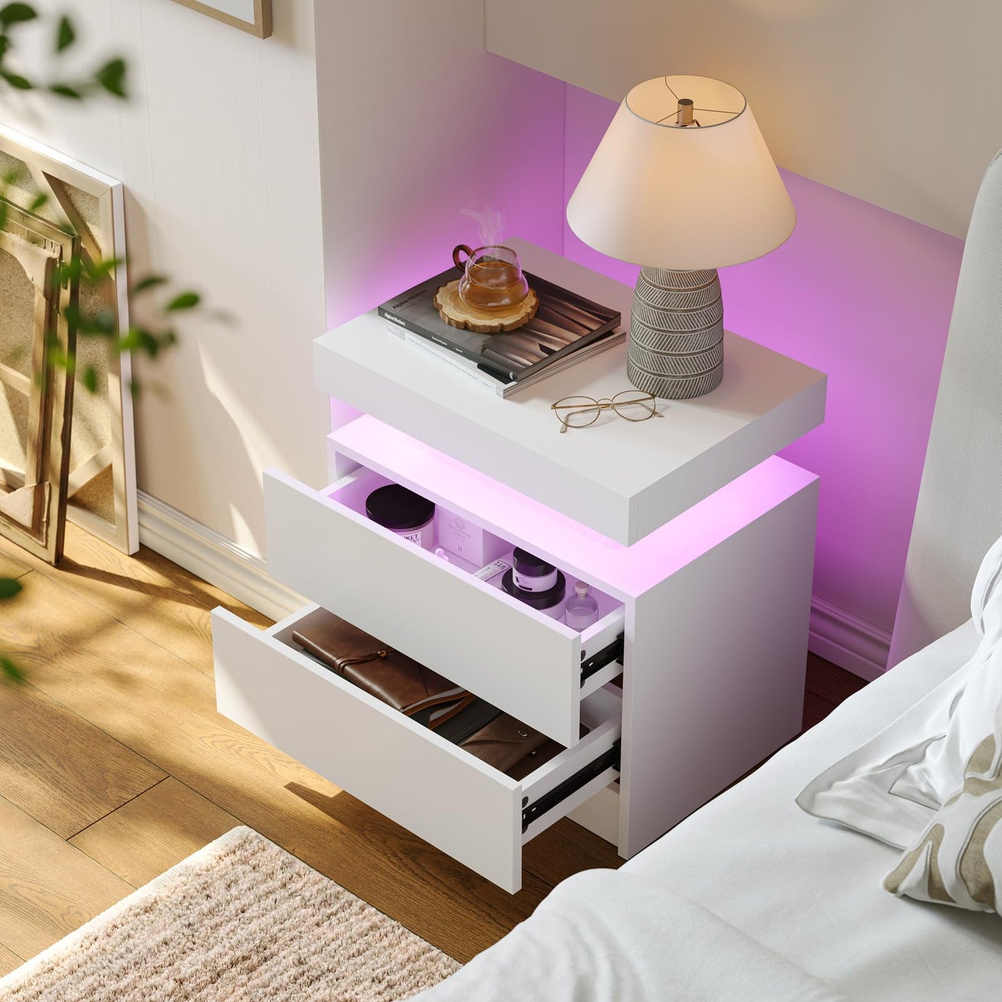 Cubehom Bedroom Night Stands White Nightstand Set of 2 LED Night Stand for Bedroom White Modern LED Bedside Table with 2 Drawers End Side Table
