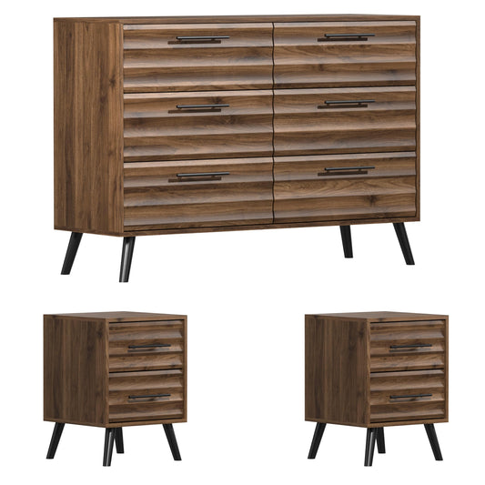 CATMIX Farmhouse Bedroom Set, 3 Pieces Bedroom Furniture Set, Fluted 6 Drawer Dresser and Nightstands, Chest of Drawers Wide Storage Organizer Cabinet for Bedroom