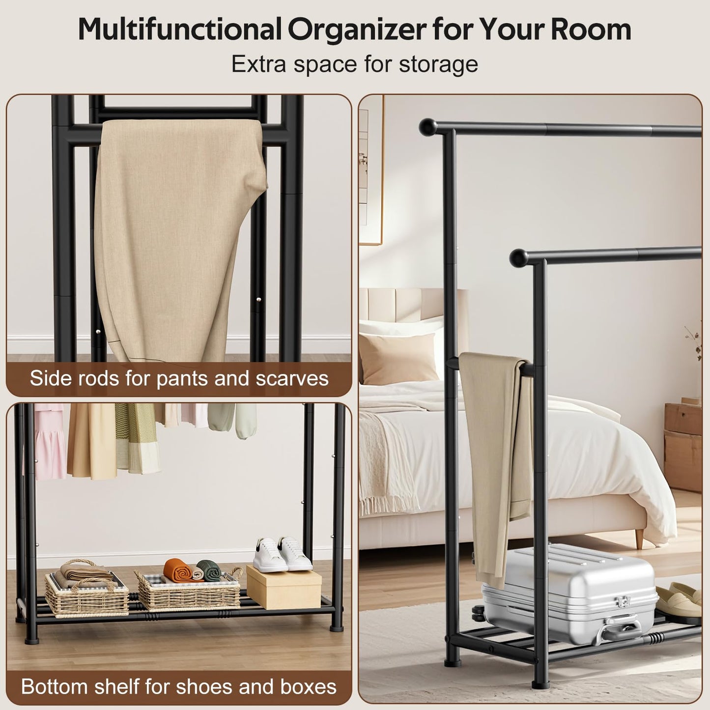 MISSLO Double Rods Garment Rack Heavy Duty Clothing Rack for Hanging Clothes Portable Clothes Organizer for Bedroom, Living Room, Clothing Store (Matte Black)