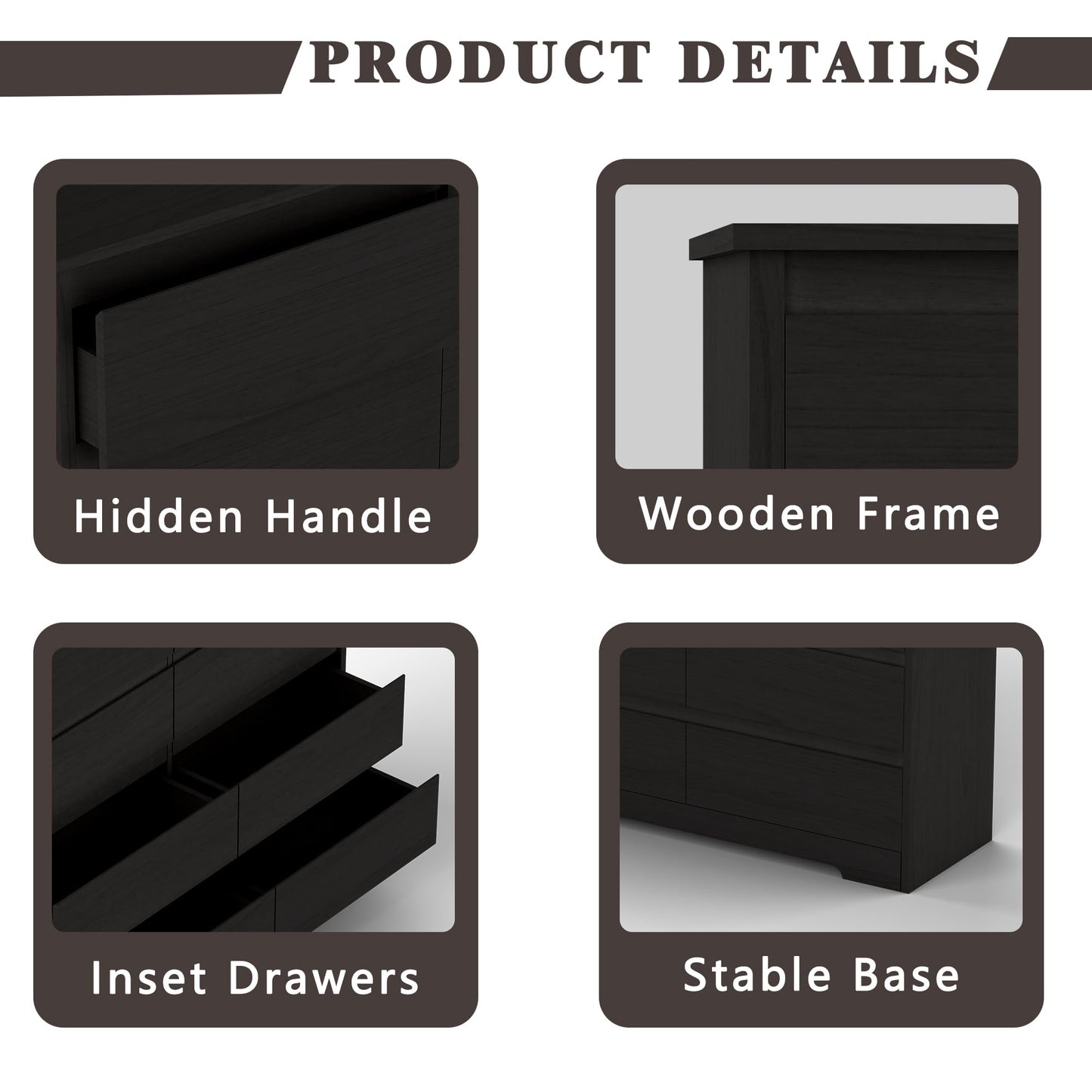 IBXFO Black 6 Drawer Dresser for Bedroom, Wide Modern Chest of Drawers No Handles, Wood Storage Cabinet for Living Room, Hallway, Entryway
