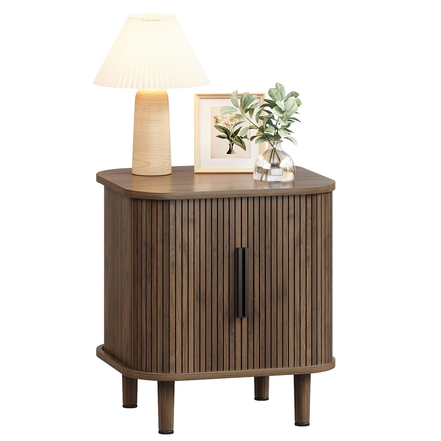 Espelism Fluted End Table with Sliding Tambour Door, Mid-Century Modern Bedside Table with Storage, Small Nightstand for Bedroom Living Room Side Table