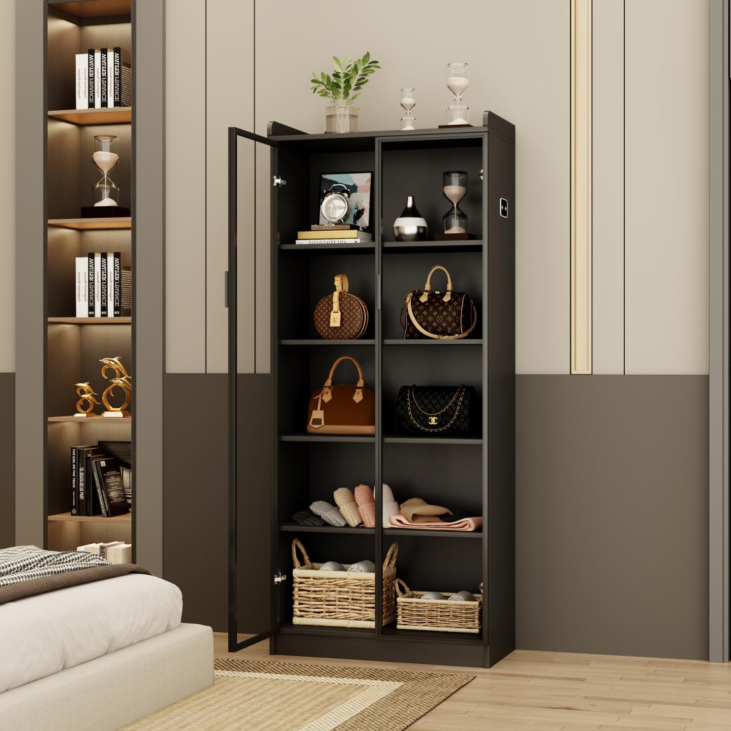 Display Cabinet with Doors and Adjustable Shelves, 65" Tall Bookcase with LED Lights/Human Sensor, 5 Tier Display Case for Collectibles Bedroom Living Room Office, Black