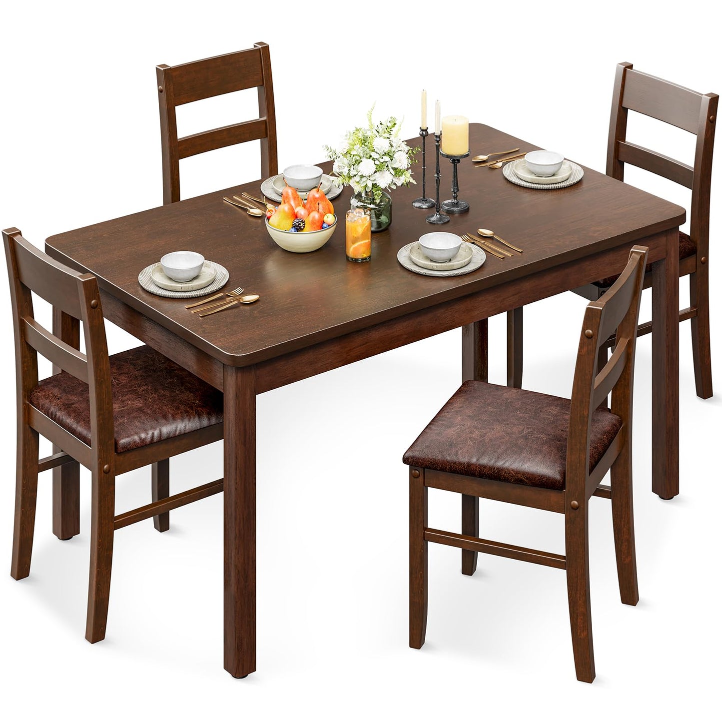 KKL Dining Table Set for 4, 5-Piece Solid Wood Kitchen Table and Upholstered Chairs, Space-Saving Dining Set with Padded Seats, Compact for Apartment, Home, Small Dining Room, Coffee Brown