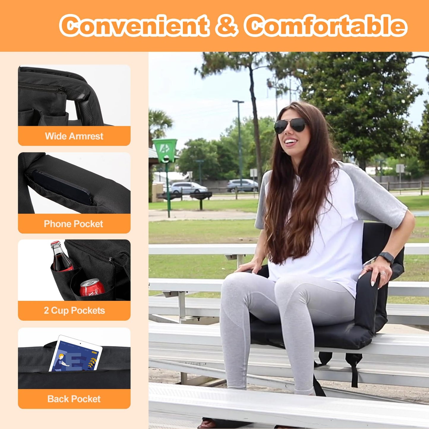 nalone Folding Stadium Seat Set of 2, 20.5 inch Wide Stadium Chairs for Bleachers Stadium Seat Bleacher Chairs Portable with Back Supports Thick Padded Cushion Armrests Reclining(Black)