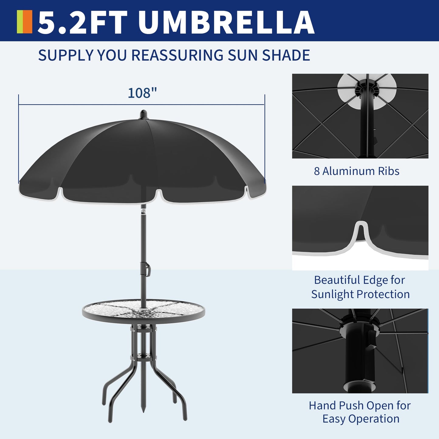 Patio Dining Set for 4 With Umbrella, Outdoor Furniture Set With 4 Folding Dining Chairs, Outdoor Table Umbrella Set With Tempered Glass Top Dinings Table