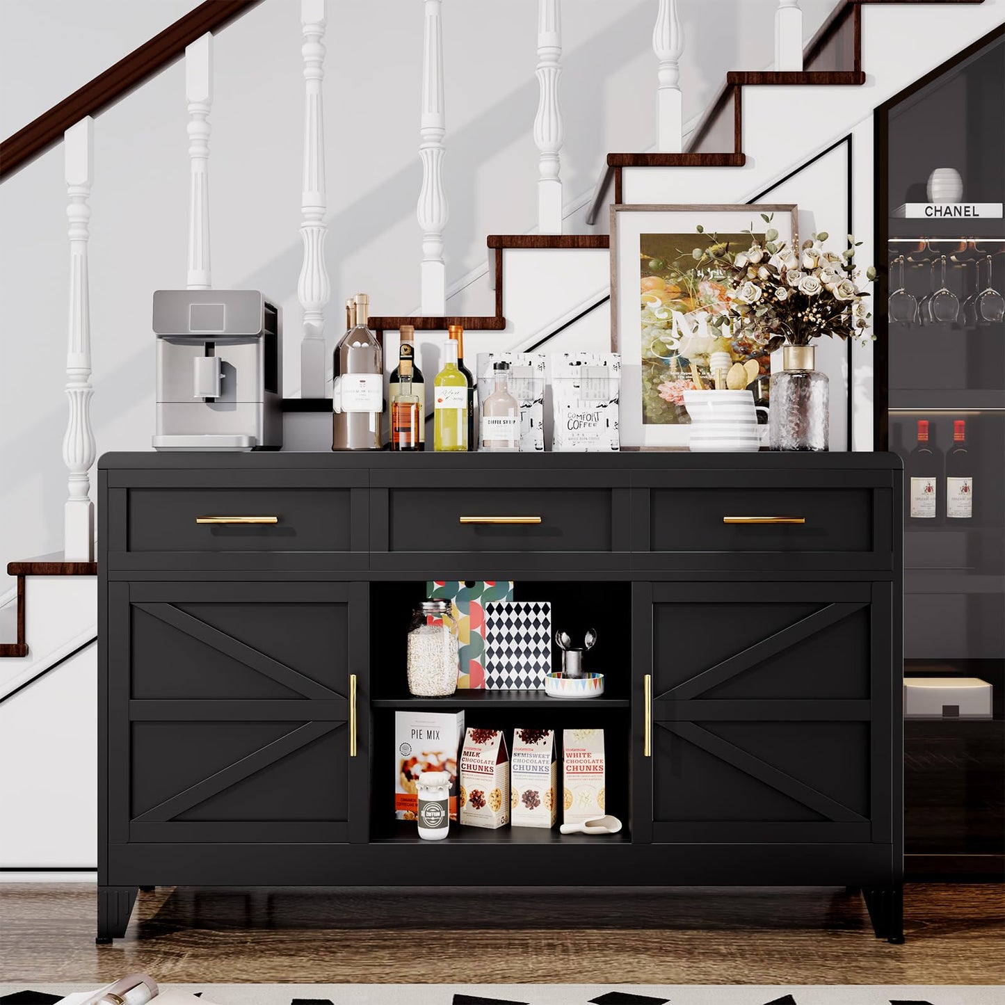 AUEYTVR Metal Sideboard Buffet Cabinet,Coffee Bar Cabinets with 2 Doors, 3 Drawers and an Open Storage Space,Buffet Table Wine Bar Cabinet for Dining Room, Living Room